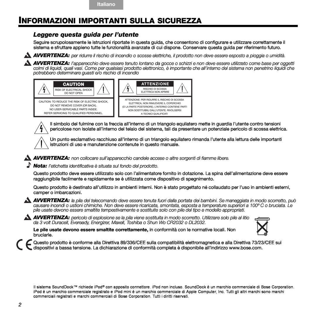 Bose 89, 336 manual Informazioni Importanti Sulla Sicurezza, Leggere questa guida per l’utente, Italiano 