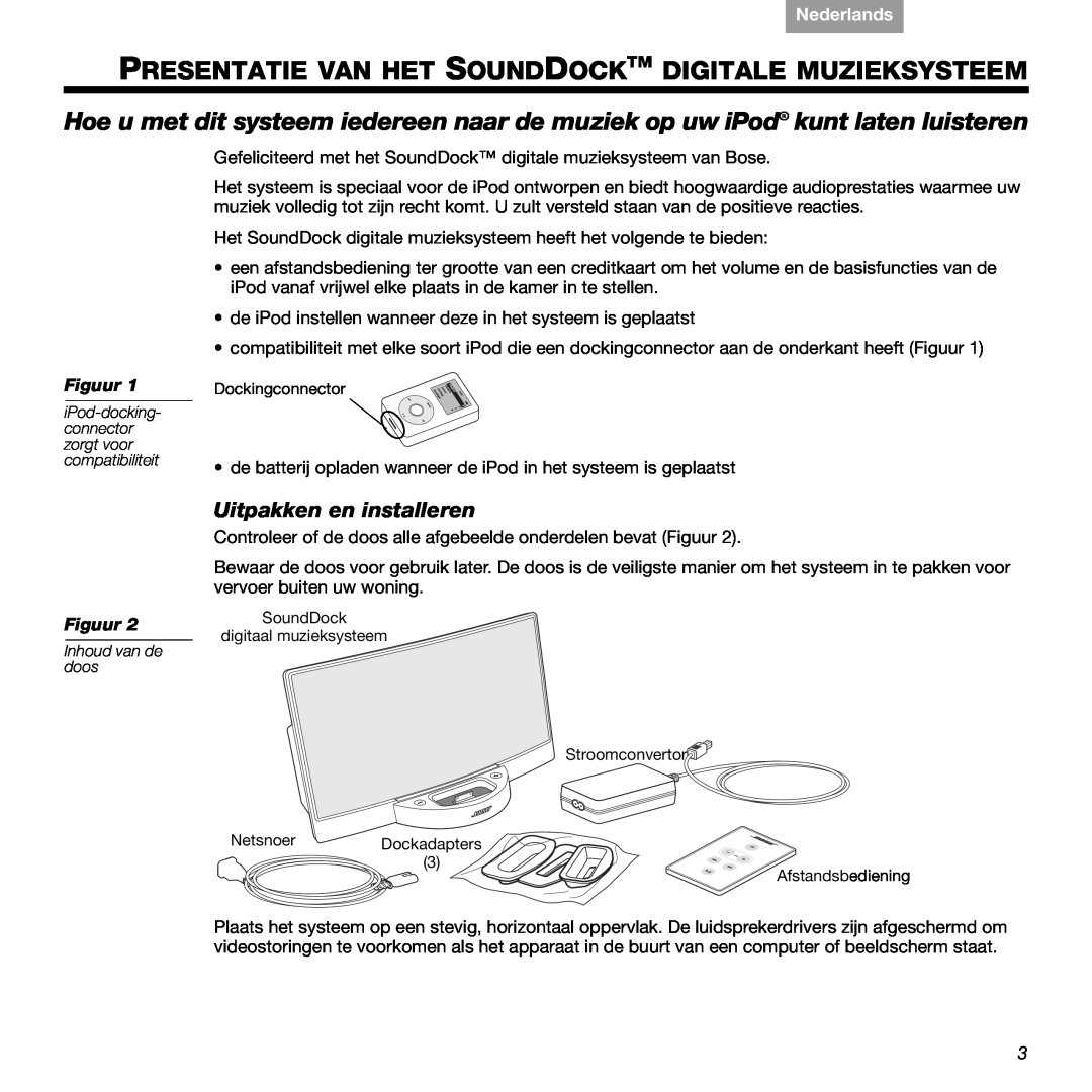Bose 89, 336 manual Presentatie Van Het Sounddocktm Digitale Muzieksysteem, Uitpakken en installeren, Figuur, Nederlands 