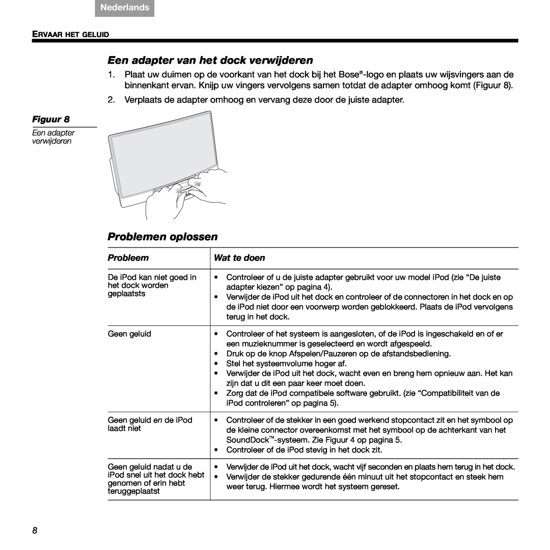 Bose 89, 336 manual Een adapter van het dock verwijderen, Problemen oplossen, Probleem, Wat te doen, Nederlands, Figuur 