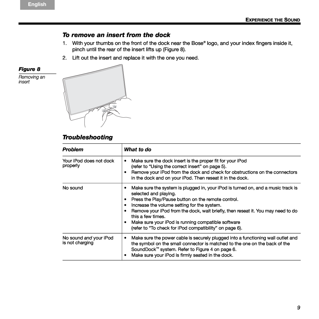 Bose 336 manual To remove an insert from the dock, Troubleshooting, Problem, What to do, English, Dansk, Deutsch, Español 