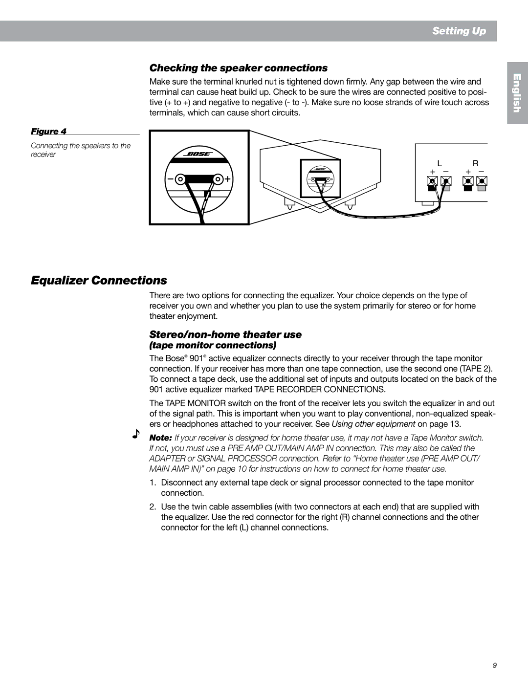 Bose 901 Series VI, 149393 manual Equalizer Connections, Checking the speaker connections, Stereo/non-home theater use 