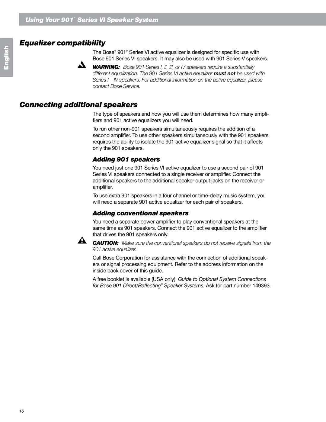 Bose 149393 Equalizer compatibility, Connecting additional speakers, Adding 901 speakers, Adding conventional speakers 