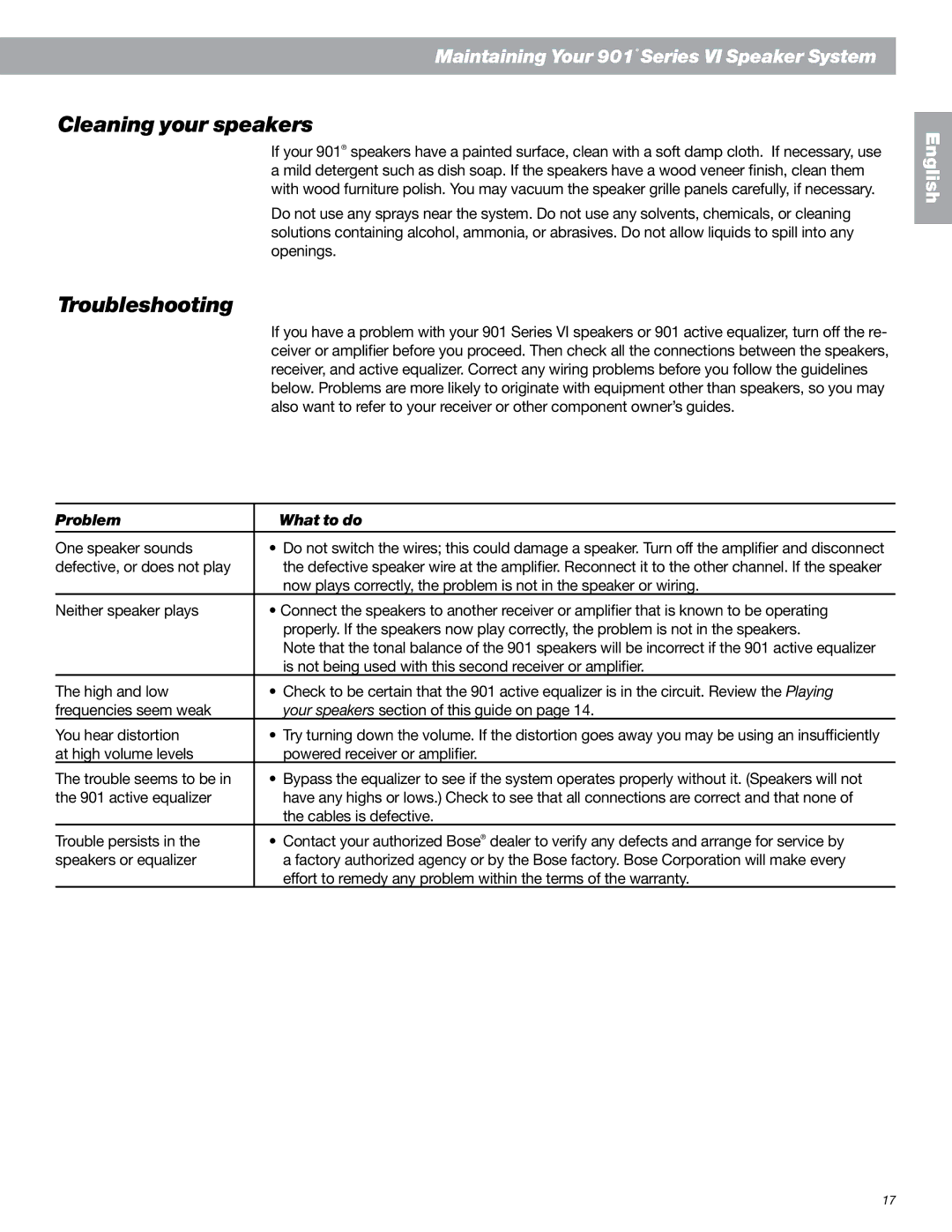 Bose 901 Series VI, 149393 manual Cleaning your speakers, Troubleshooting, Problem What to do 