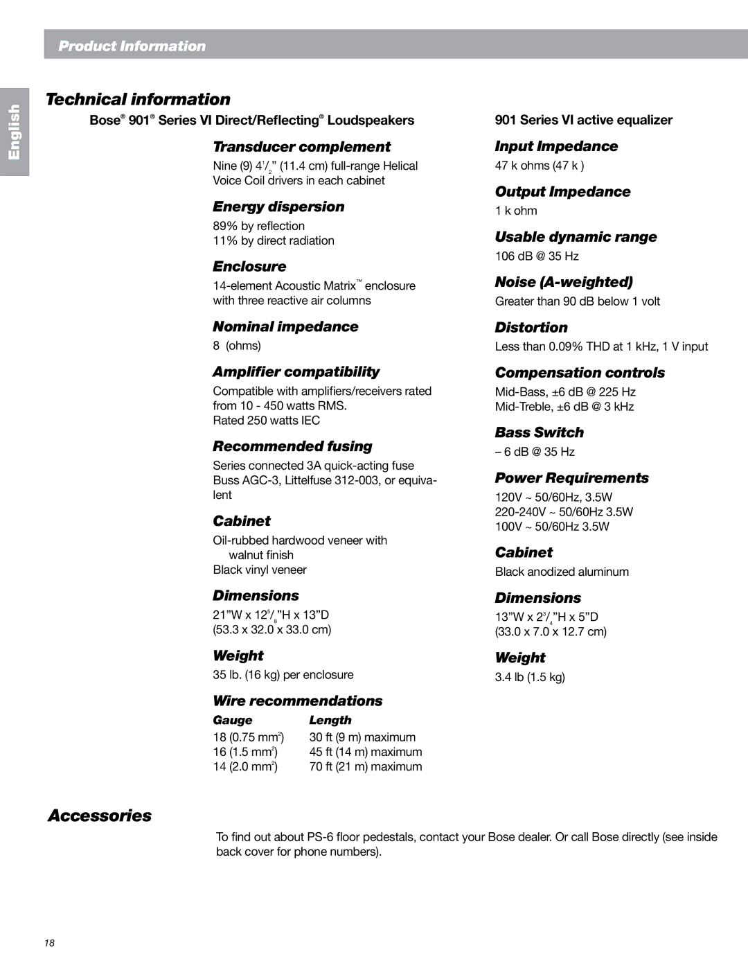 Bose 149393, 901 Series VI manual Technical information, Accessories 