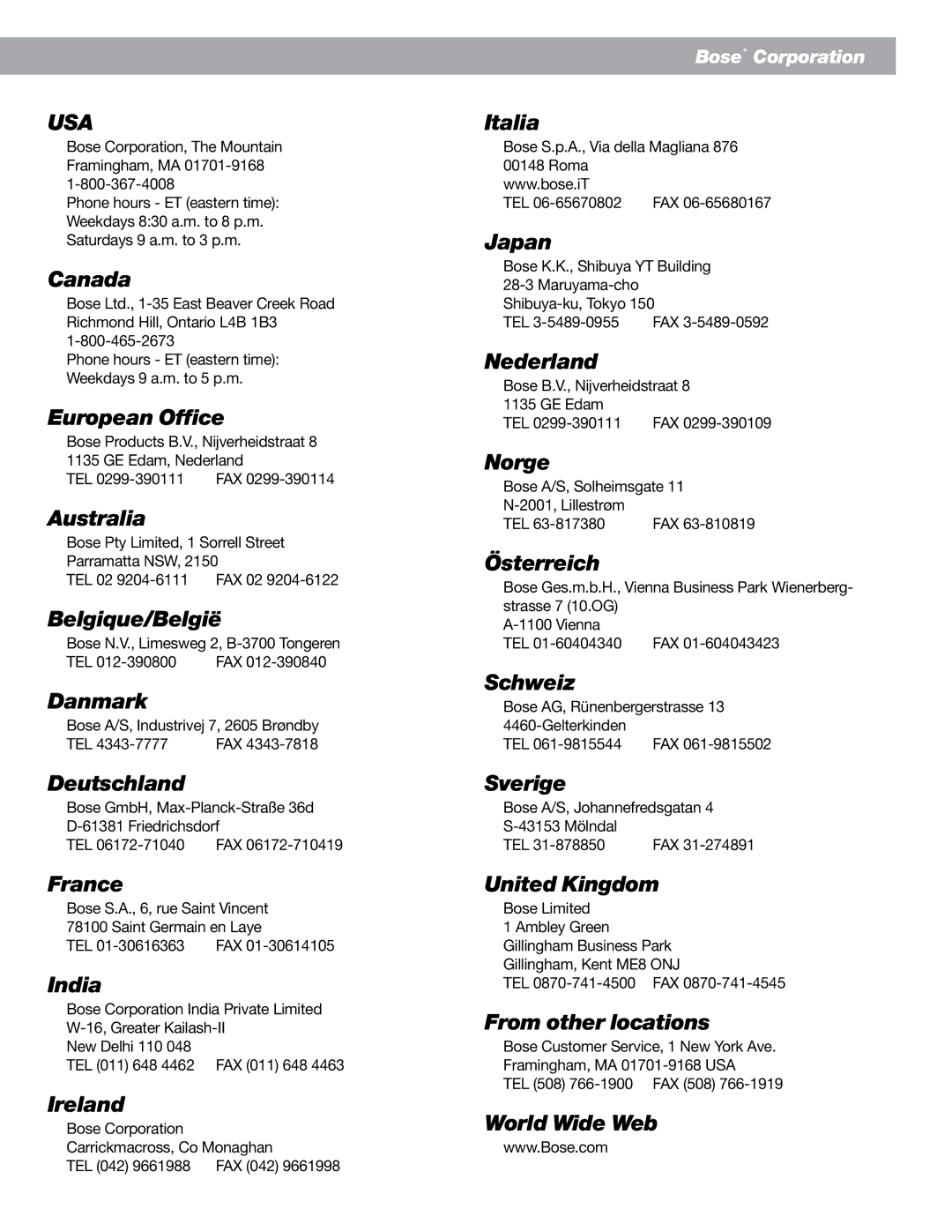 Bose 901 Series VI manual Canada, European Office, Australia, Belgique/België, Danmark, Deutschland, France, India, Ireland 