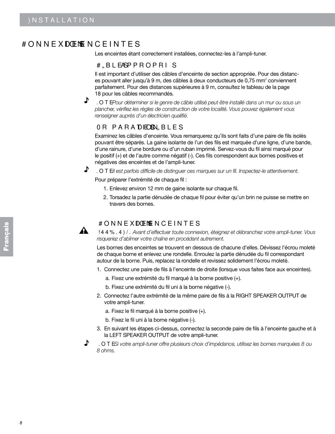 Bose 149393, 901 Series VI manual Connexion des enceintes, Câbles appropriés, Préparation des câbles 