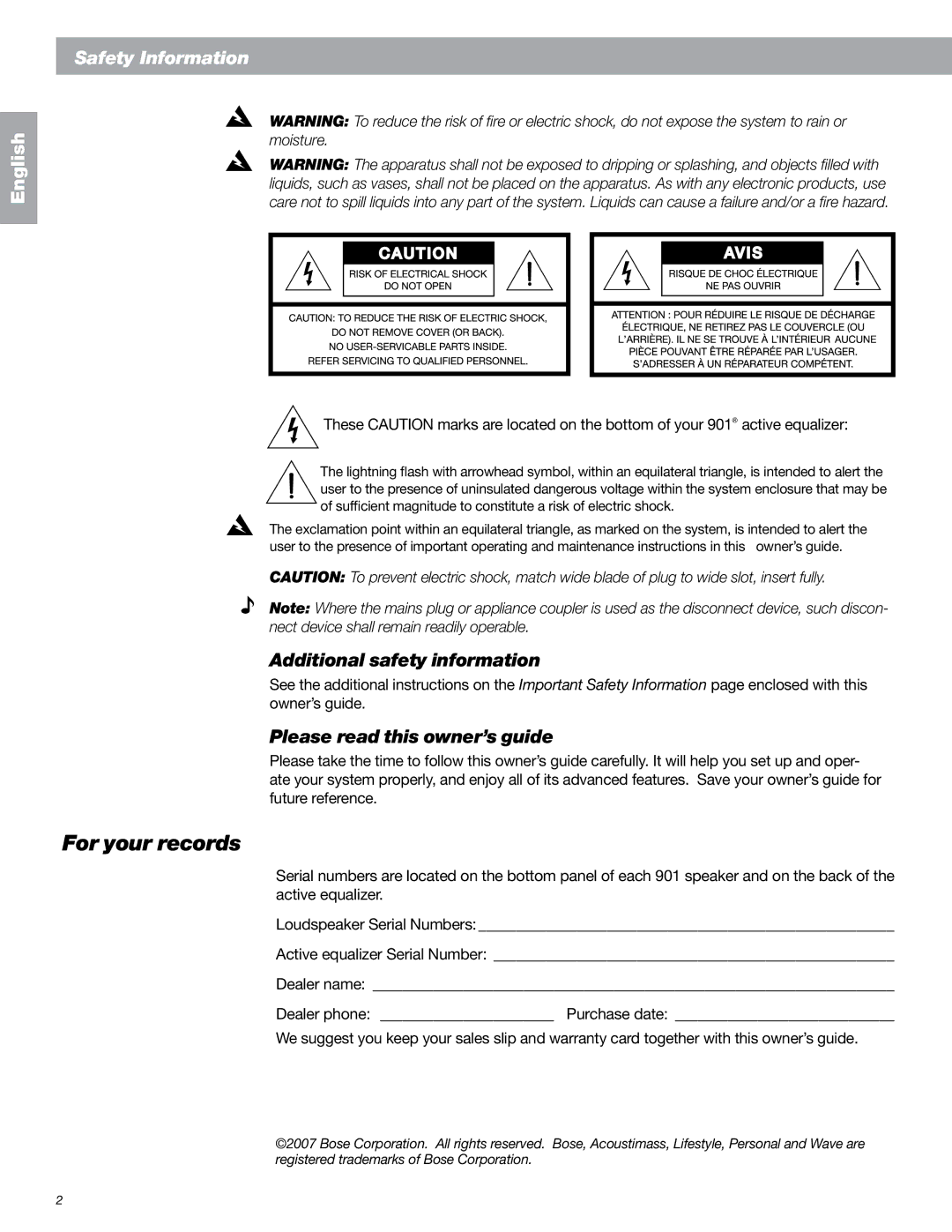 Bose 149393, 901 Series VI manual For your records, Additional safety information, Please read this owner’s guide 