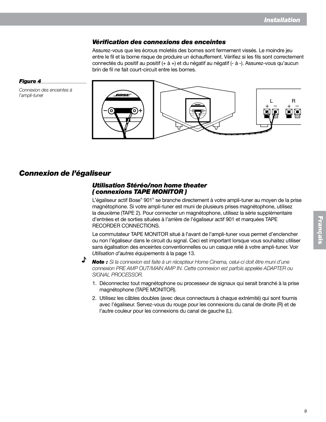 Bose 901 Series VI, 149393 manual Connexion de l’égaliseur, Vérification des connexions des enceintes 