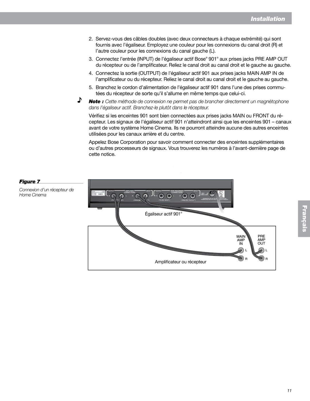 Bose 901 Series VI, 149393 manual Connexion d’un récepteur de Home Cinema 