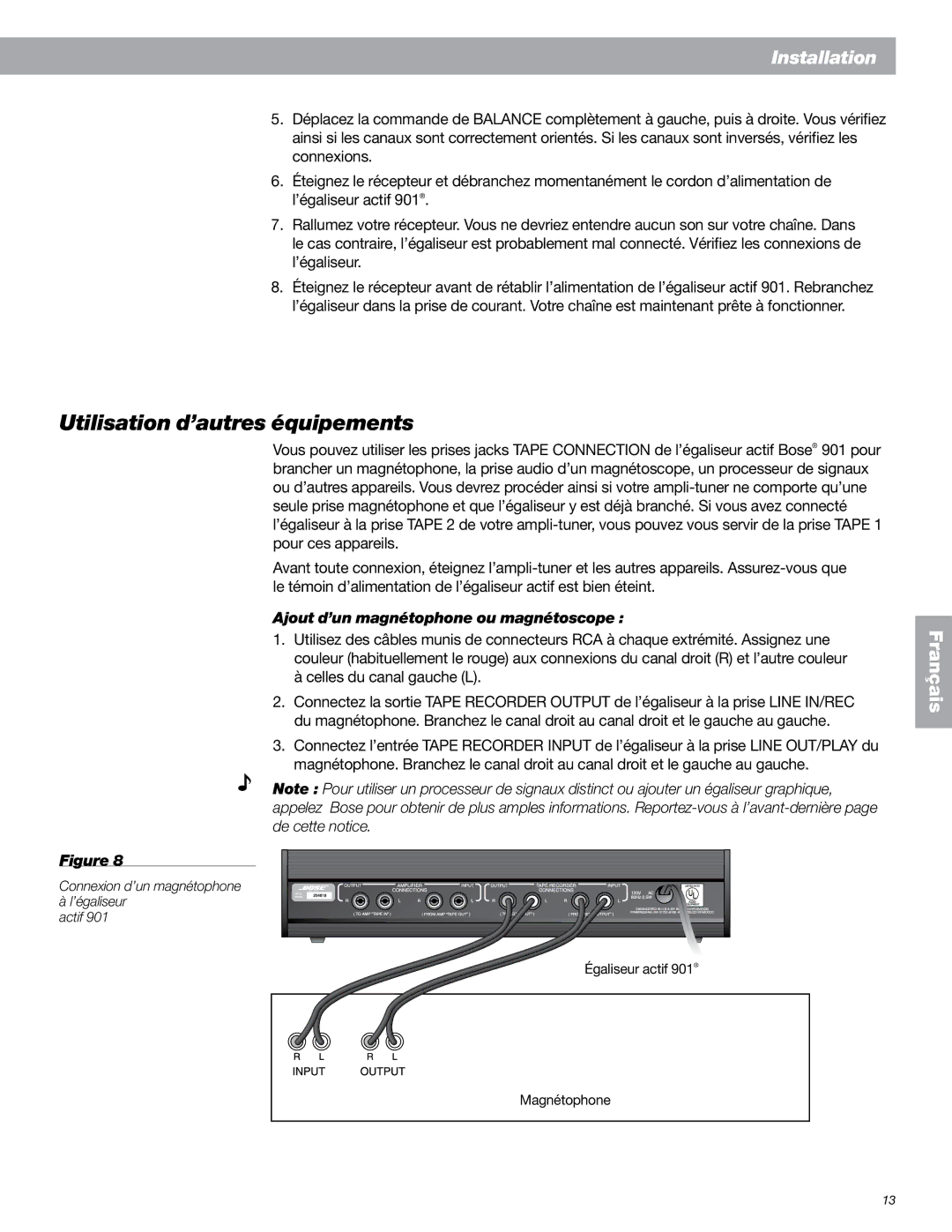 Bose 901 Series VI, 149393 manual Utilisation d’autres équipements, Ajout d’un magnétophone ou magnétoscope 