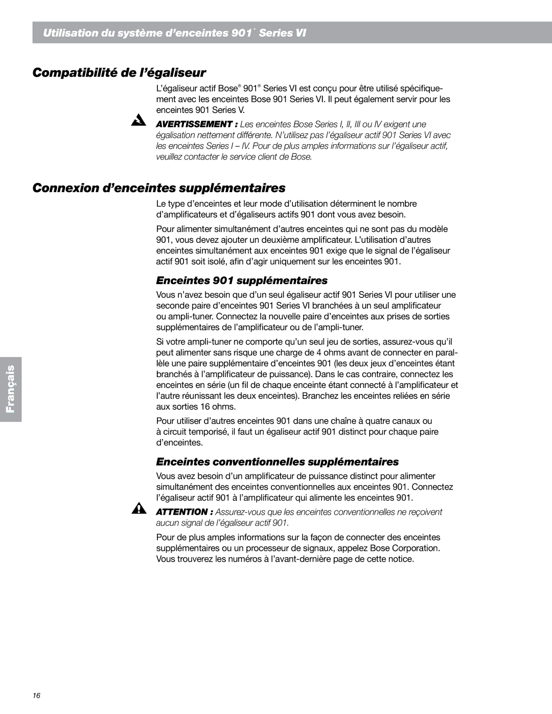 Bose 149393 manual Compatibilité de l’égaliseur, Connexion d’enceintes supplémentaires, Enceintes 901 supplémentaires 