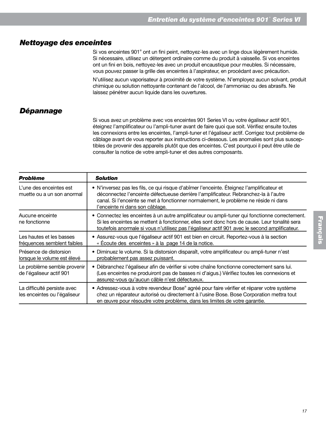 Bose 901 Series VI, 149393 manual Nettoyage des enceintes, Dépannage, Problème Solution 