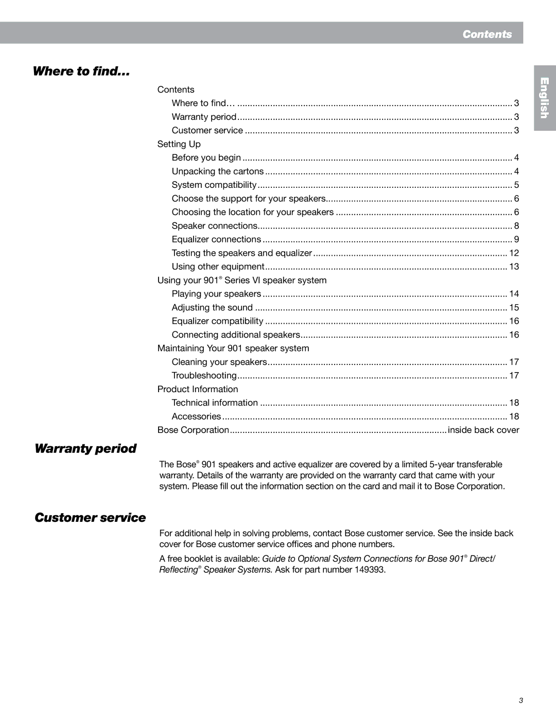 Bose 901 Series VI, 149393 manual Where to find…, Warranty period, Customer service 