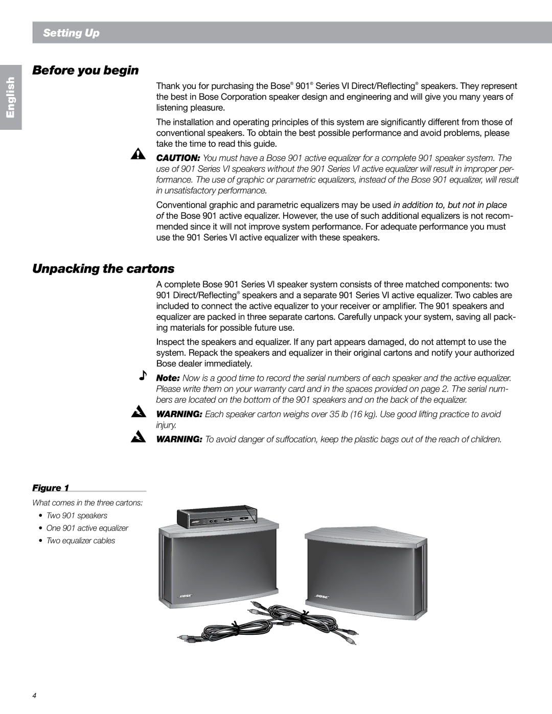 Bose 149393, 901 Series VI manual Before you begin, Unpacking the cartons 