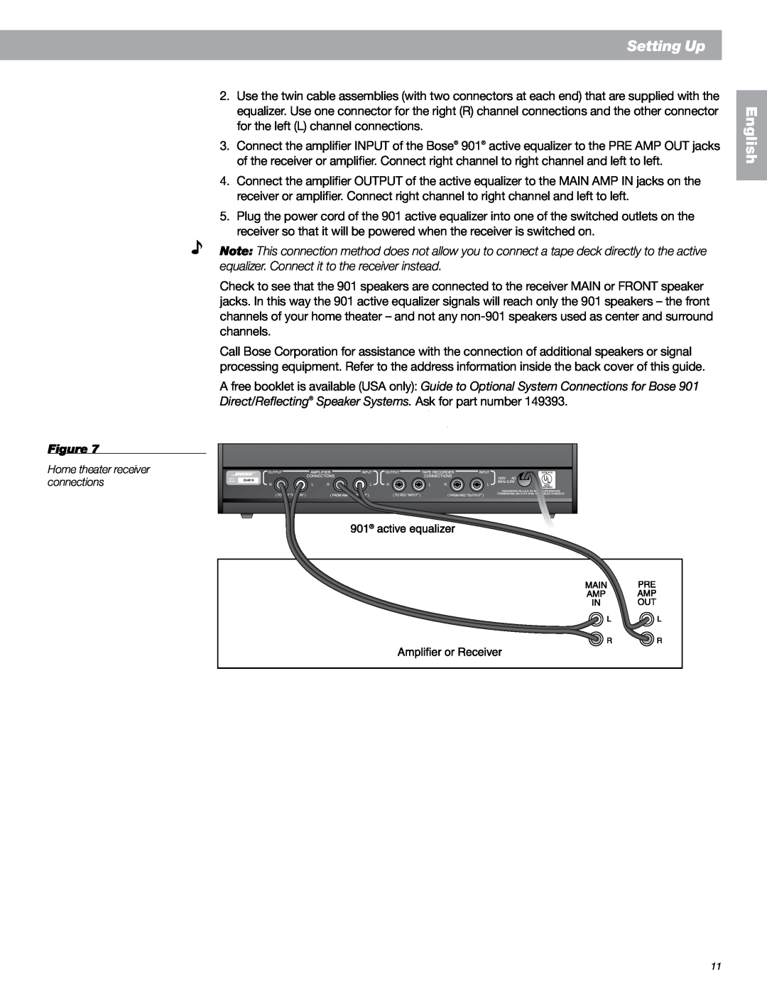 Bose 901 Series VI, 149393 manual Setting Up, English, Home theater receiver connections 