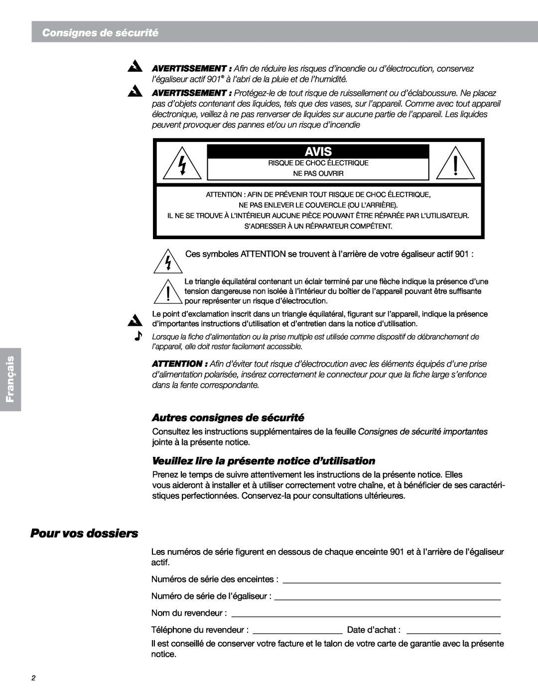 Bose 149393, 901 Series VI manual Pour vos dossiers, Avis, Français, Consignes de sécurité 