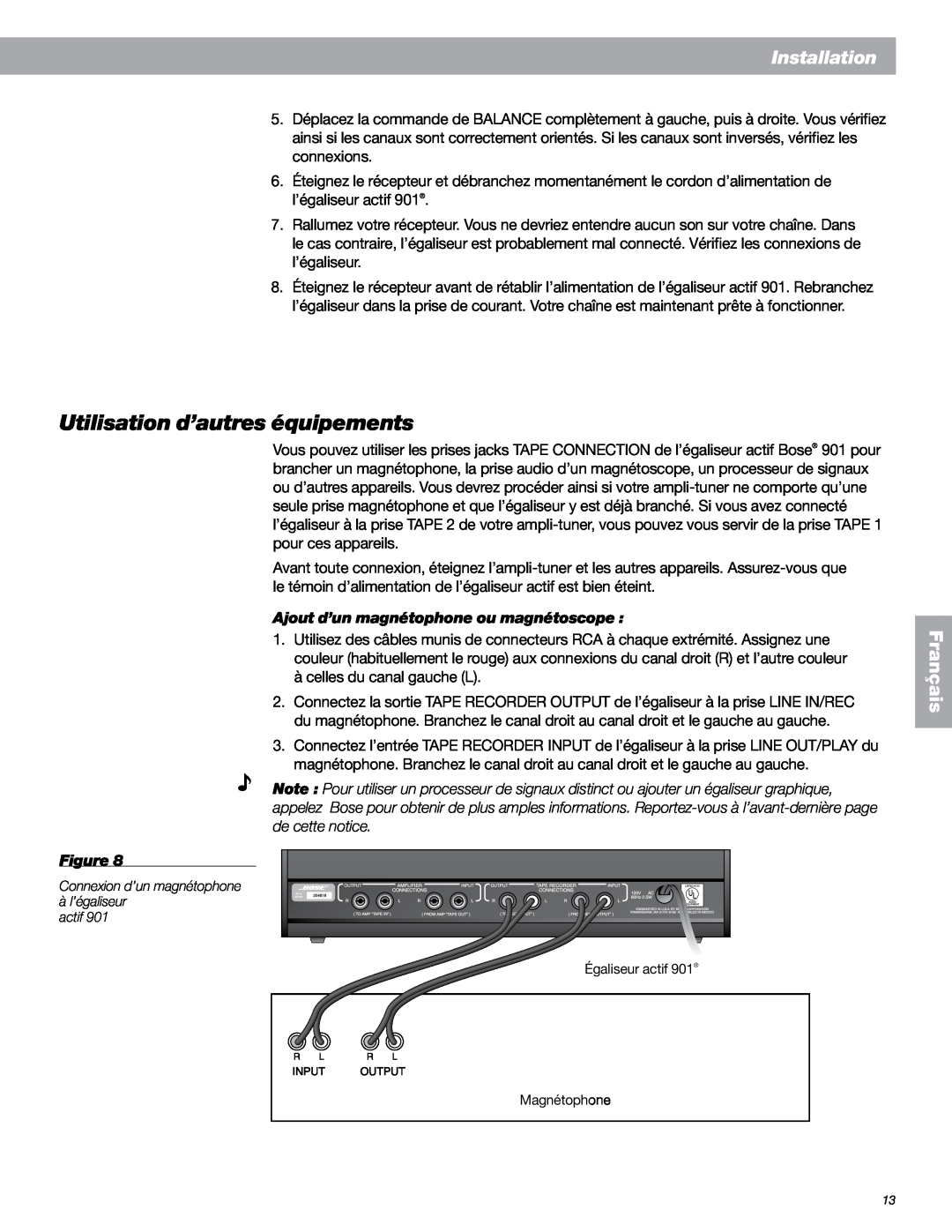 Bose 901 Series VI manual Utilisation d’autres équipements, Installation, Français, Ajout d’un magnétophone ou magnétoscope 