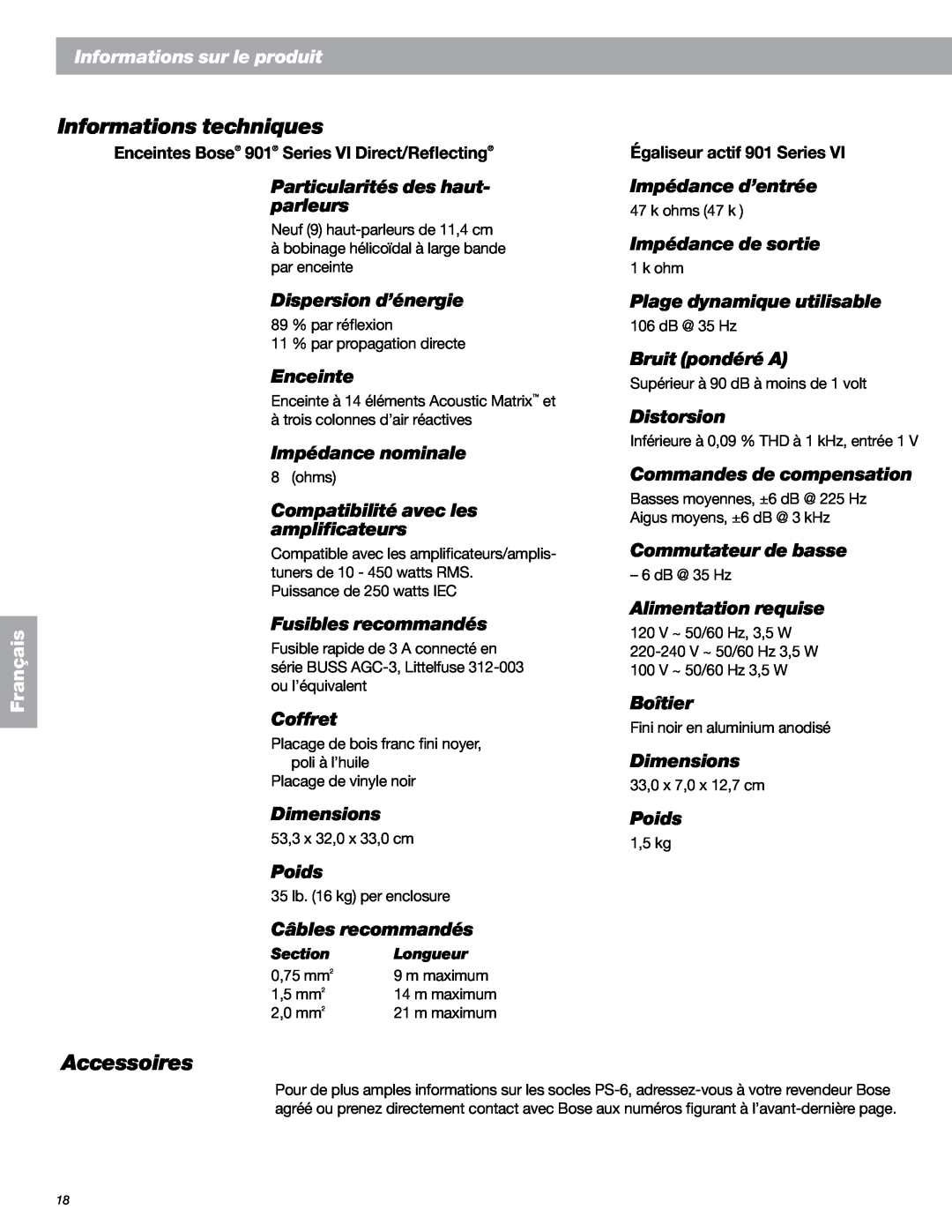 Bose 149393, 901 Series VI manual Informations techniques, Accessoires, Informations sur le produit, Français 