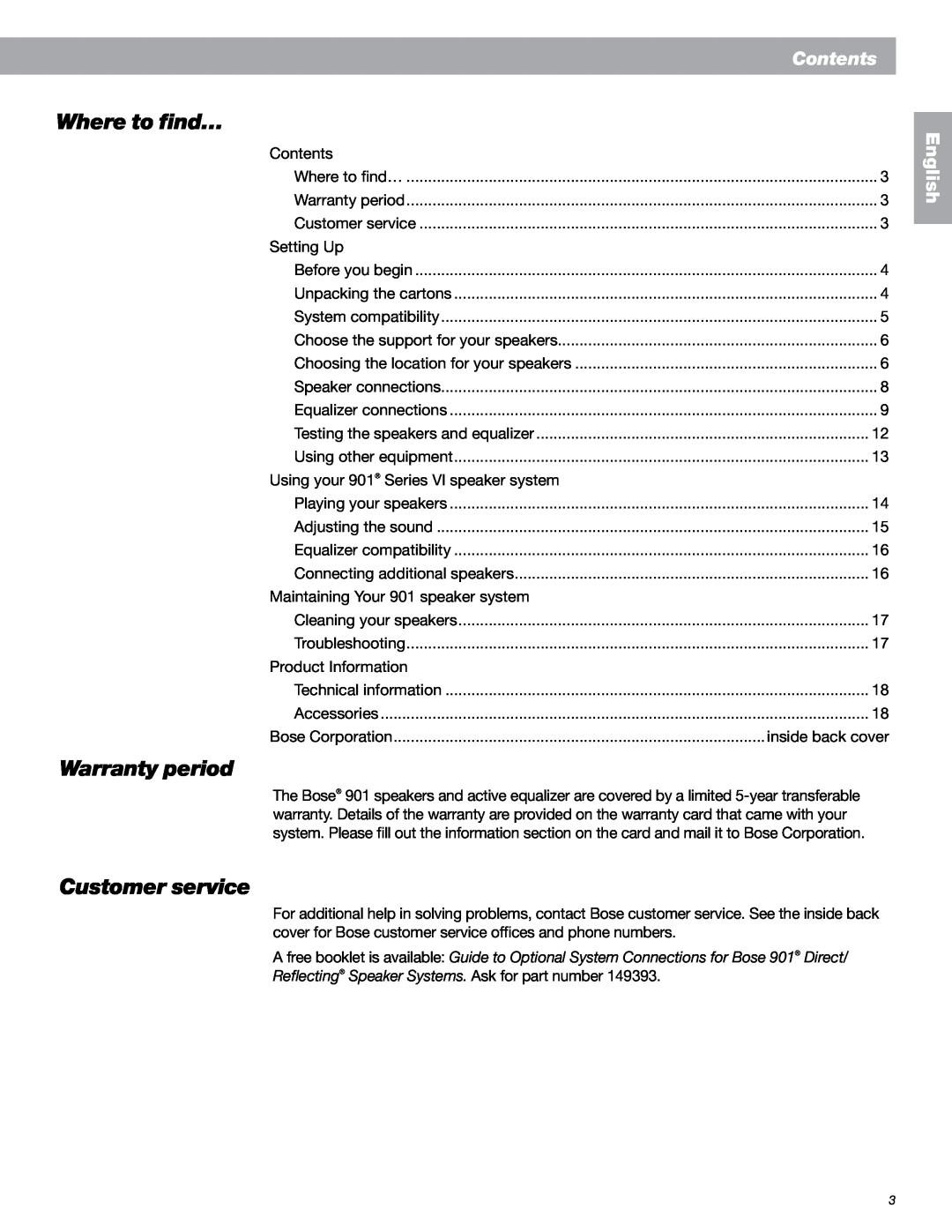 Bose 901 Series VI, 149393 manual Where to find…, Warranty period, Customer service, Contents, English 