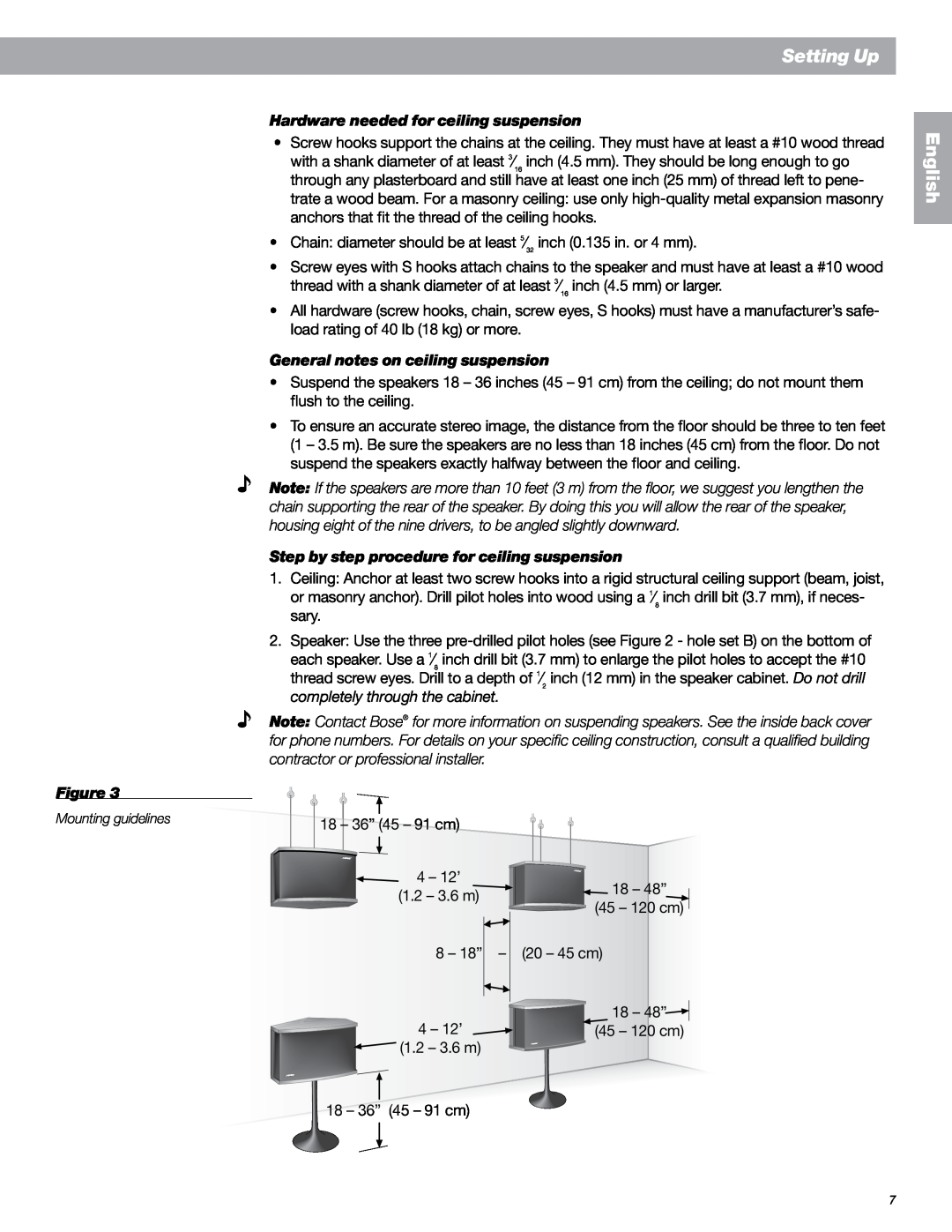 Bose 901 Series VI manual Setting Up, English, Hardware needed for ceiling suspension, General notes on ceiling suspension 