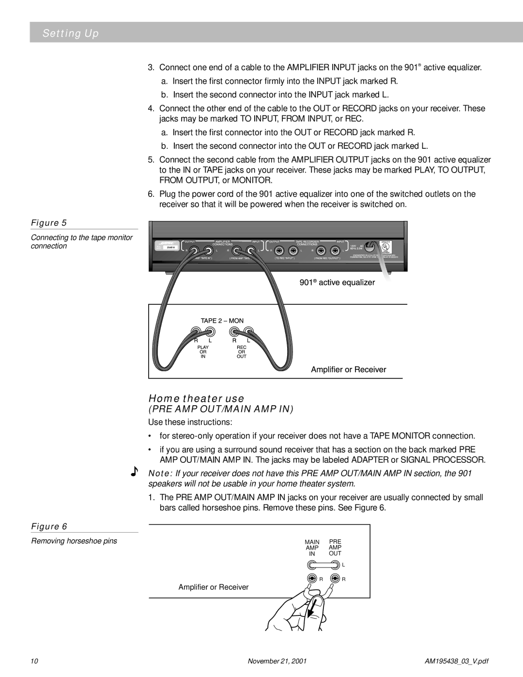 Bose 901 manual Home theater use, Pre Amp Out/Main Amp 