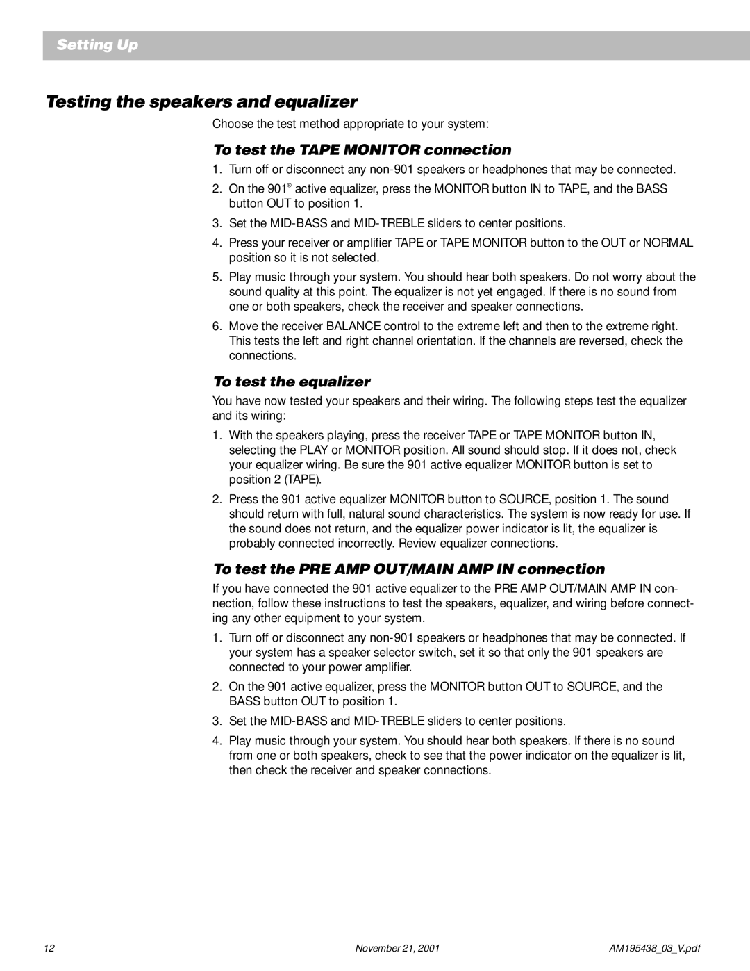 Bose 901 manual Testing the speakers and equalizer, To test the Tape Monitor connection, To test the equalizer 