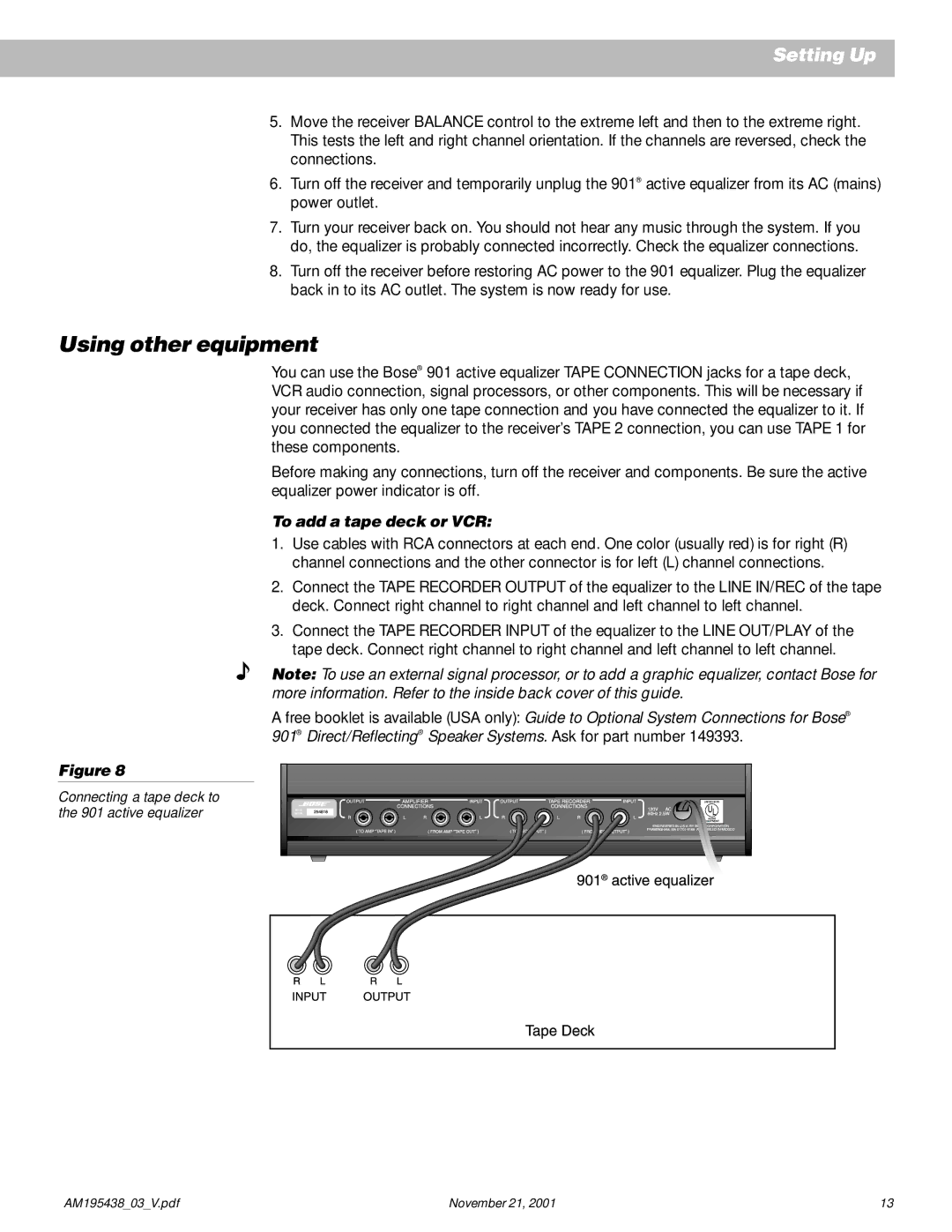 Bose 901 manual Using other equipment, To add a tape deck or VCR 