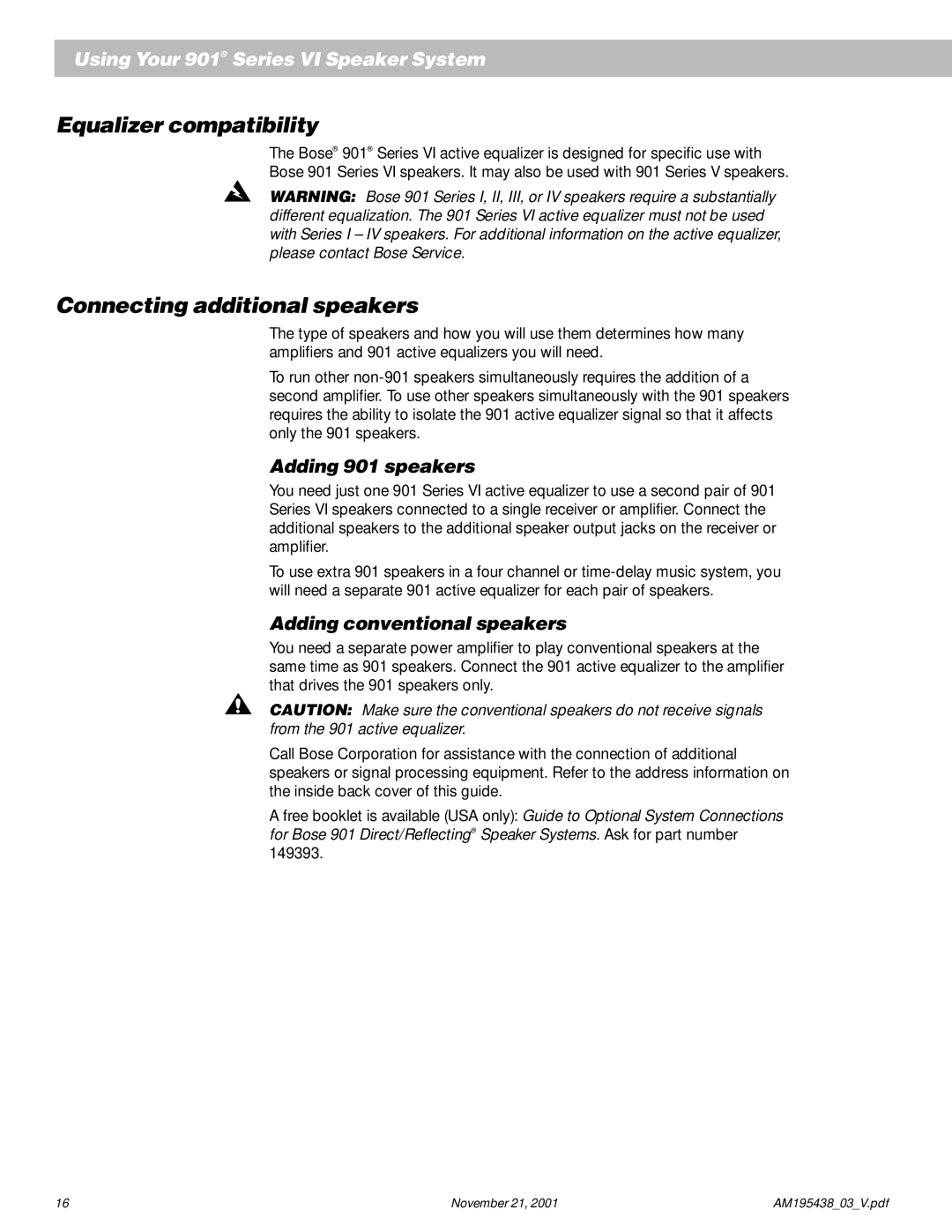 Bose manual Equalizer compatibility, Connecting additional speakers, Adding 901 speakers, Adding conventional speakers 