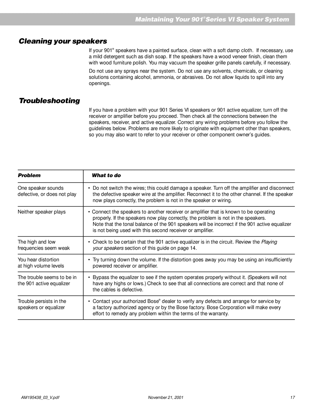 Bose 901 manual Cleaning your speakers, Troubleshooting 