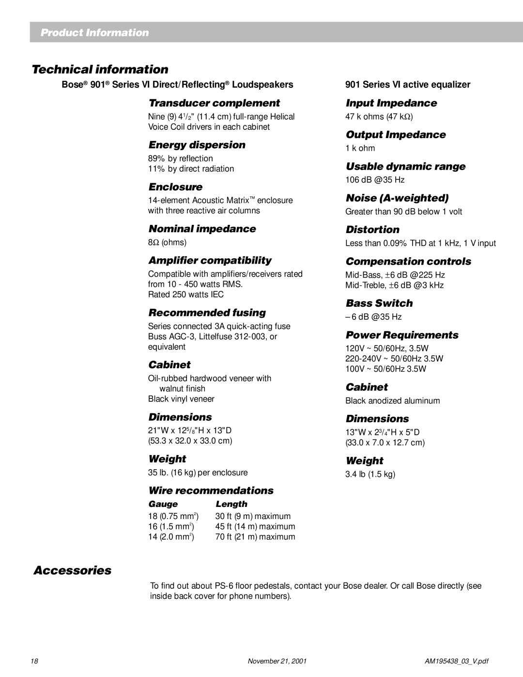 Bose 901 manual Technical information, Accessories 