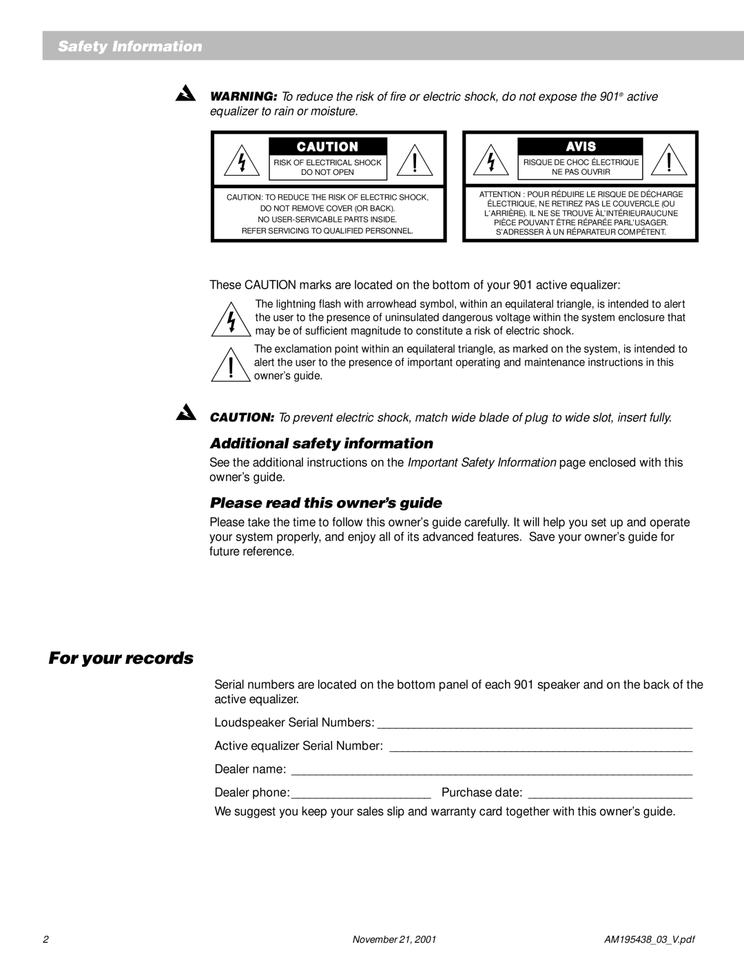 Bose 901 manual For your records, Additional safety information, Please read this owner’s guide 