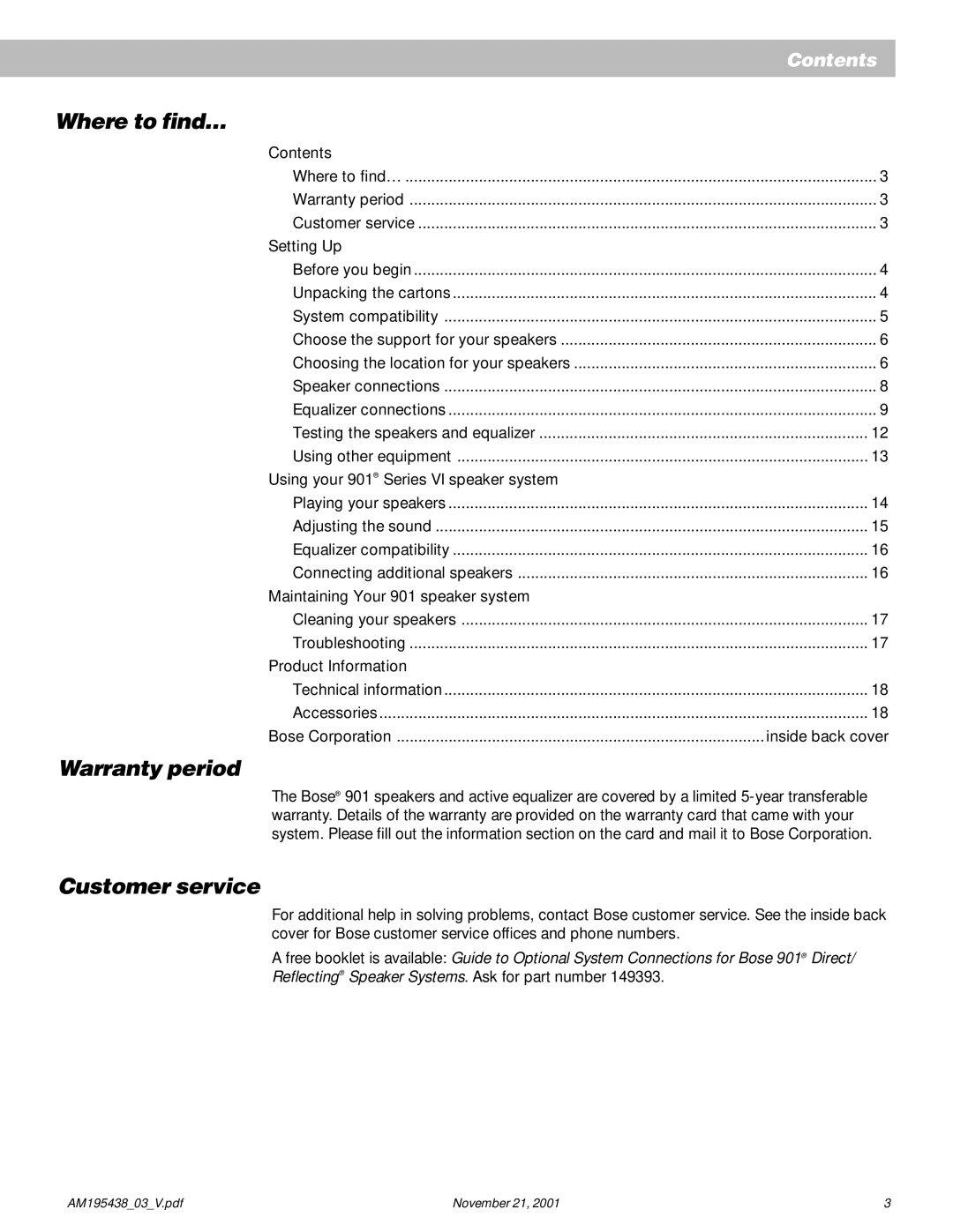 Bose 901 manual Where to find…, Warranty period, Customer service 