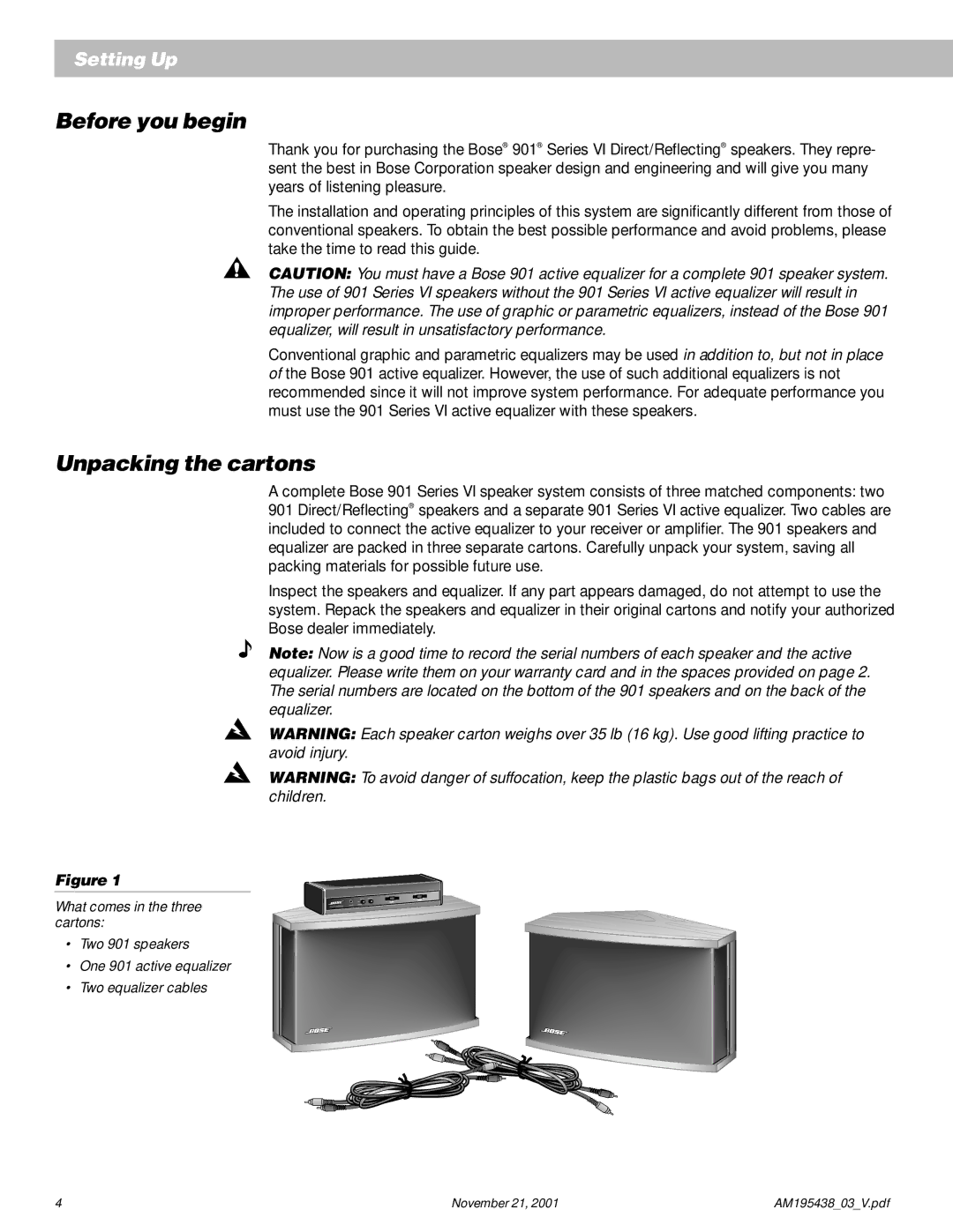 Bose 901 manual Before you begin, Unpacking the cartons 