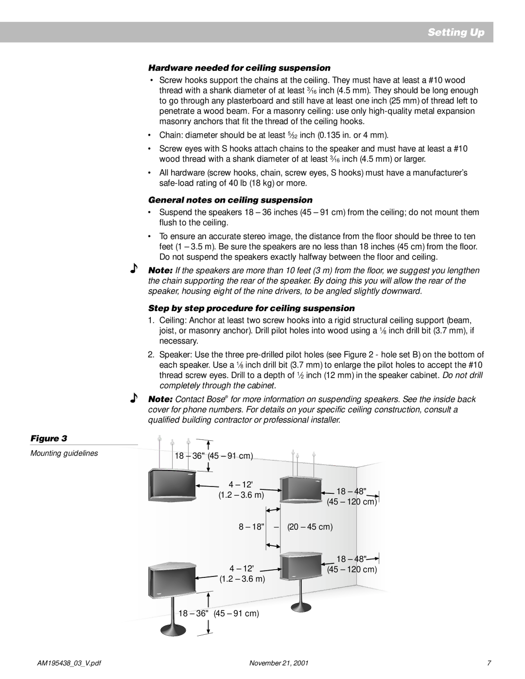 Bose 901 manual Hardware needed for ceiling suspension 