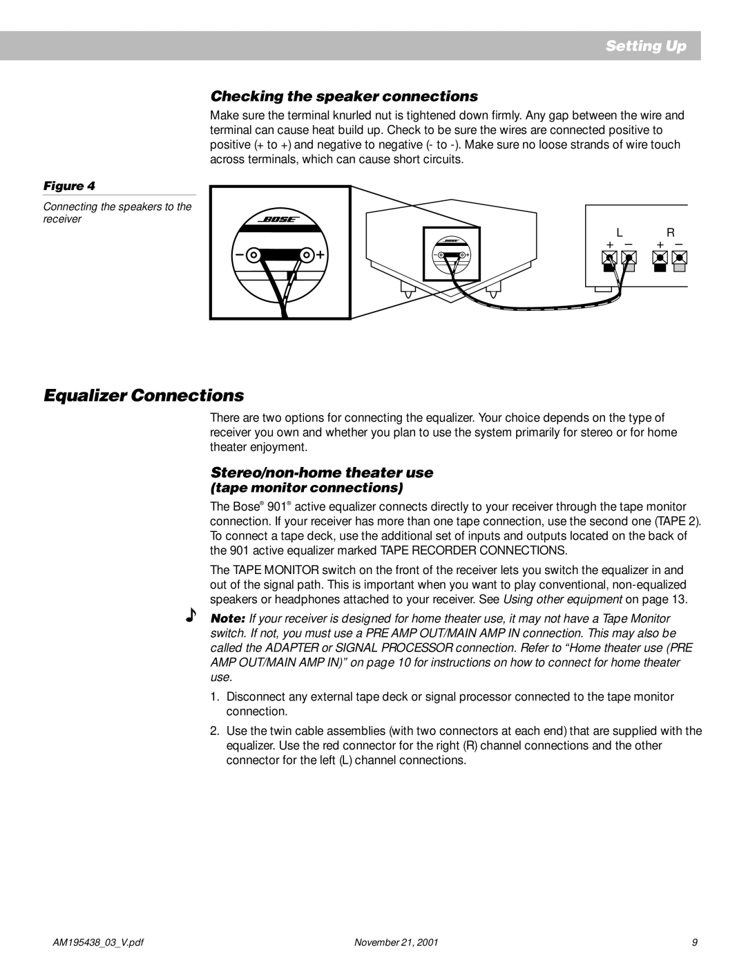 Bose 901 manual Equalizer Connections, Checking the speaker connections, Stereo/non-home theater use 