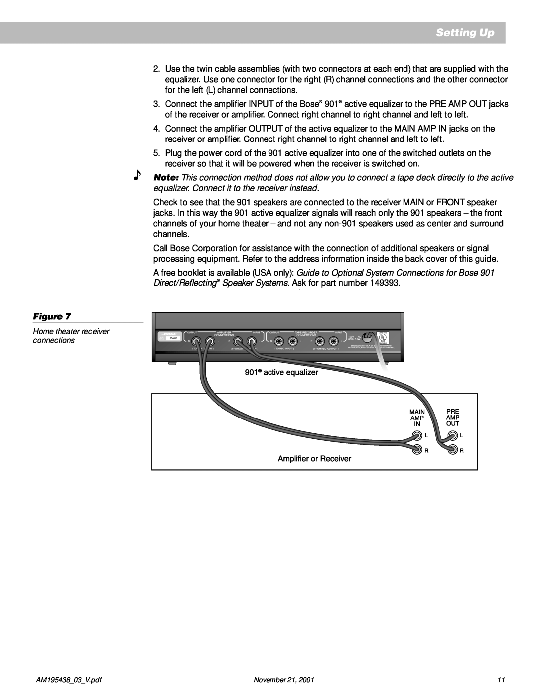 Bose 901 manual Setting Up, Home theater receiver connections, November 