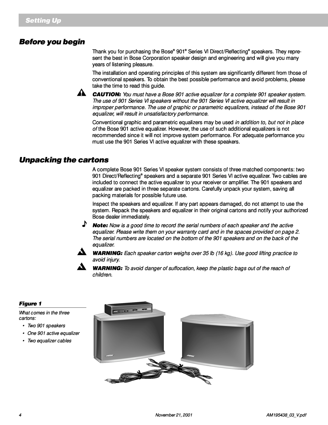 Bose 901 manual Before you begin, Unpacking the cartons, Setting Up 