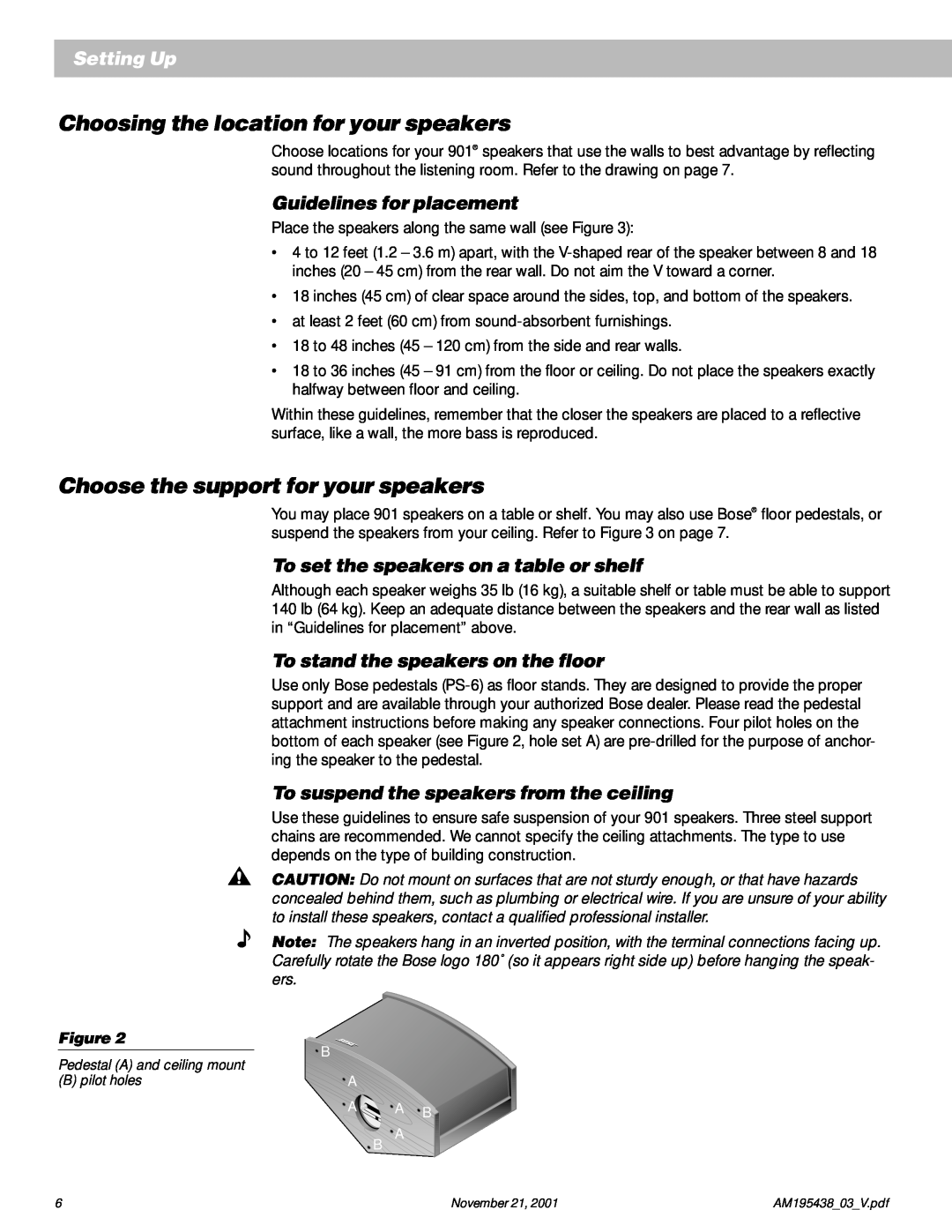 Bose 901 Setting Up, Guidelines for placement, To set the speakers on a table or shelf, To stand the speakers on the floor 