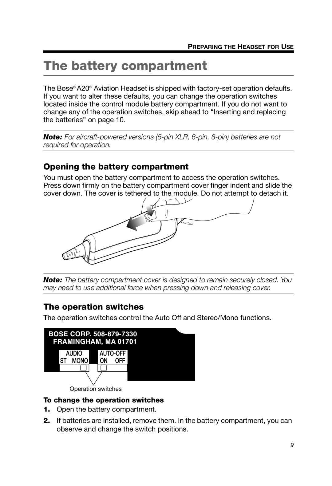 Bose A20 manual Battery compartment, Opening the battery compartment, Operation switches, To change the operation switches 