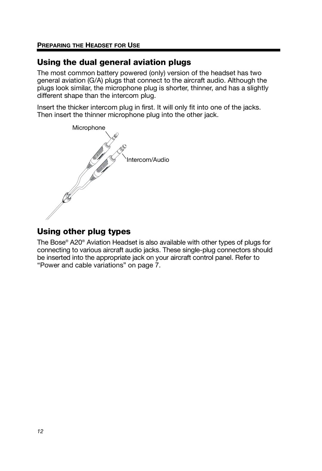 Bose A20 manual Using the dual general aviation plugs, Using other plug types 