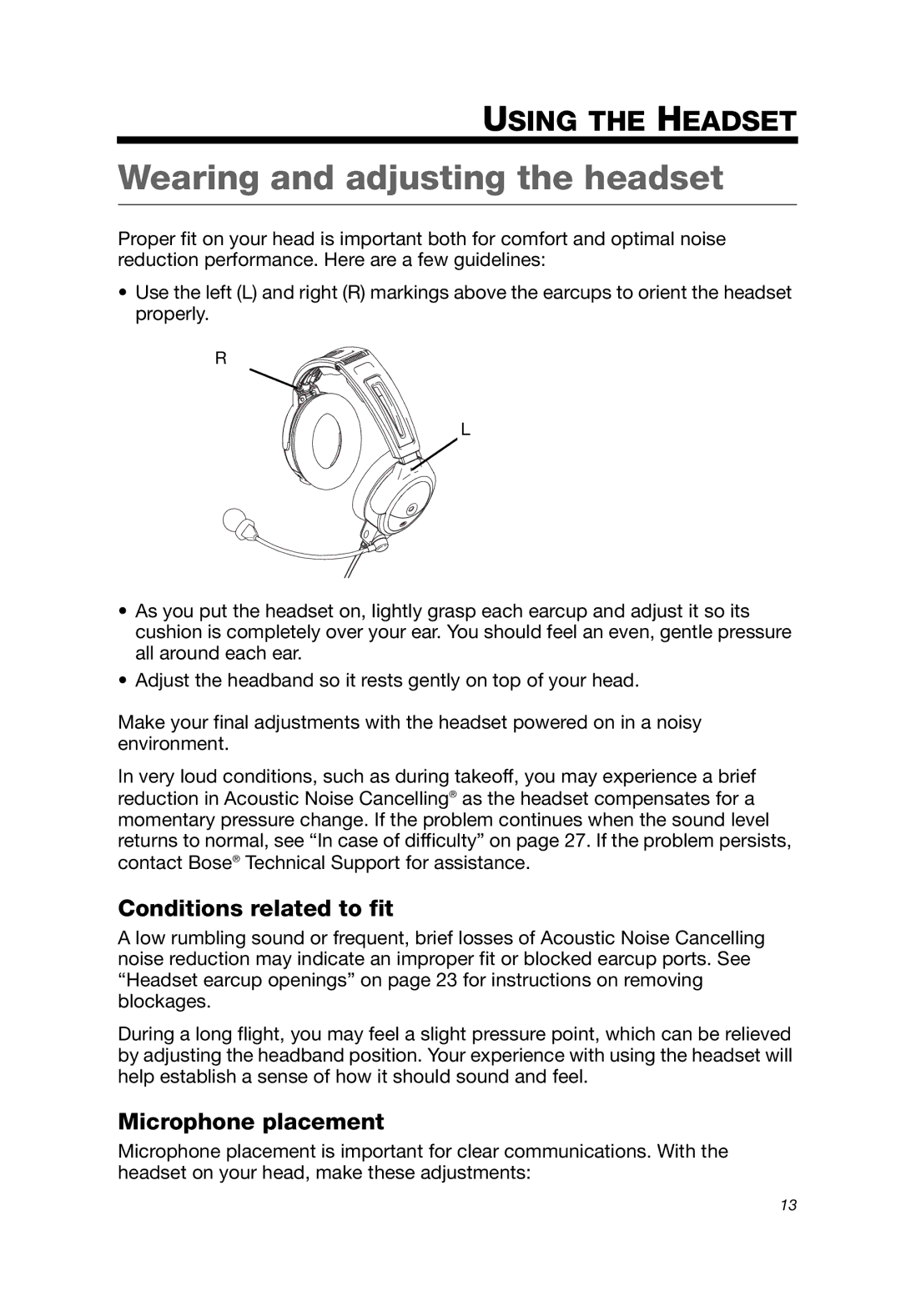 Bose A20 manual Wearing and adjusting the headset, Conditions related to fit, Microphone placement 