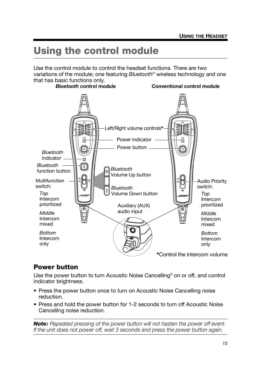 Bose A20 manual Using the control module, Power button 