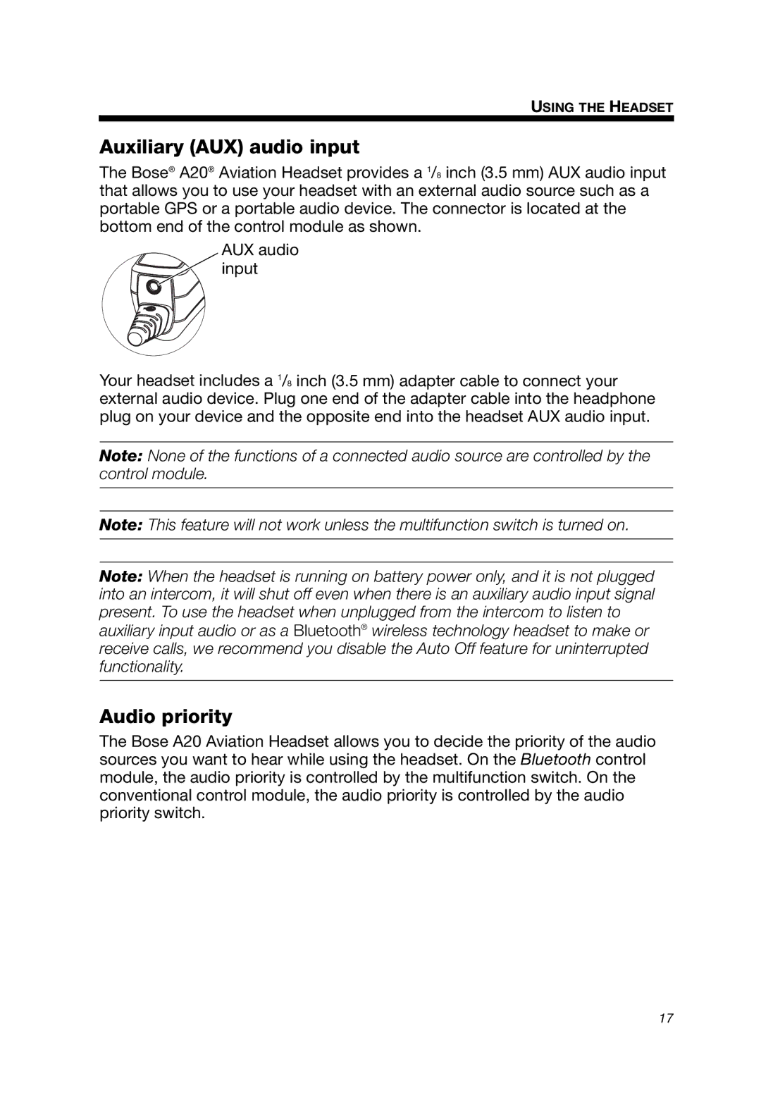 Bose A20 manual Auxiliary AUX audio input, Audio priority 