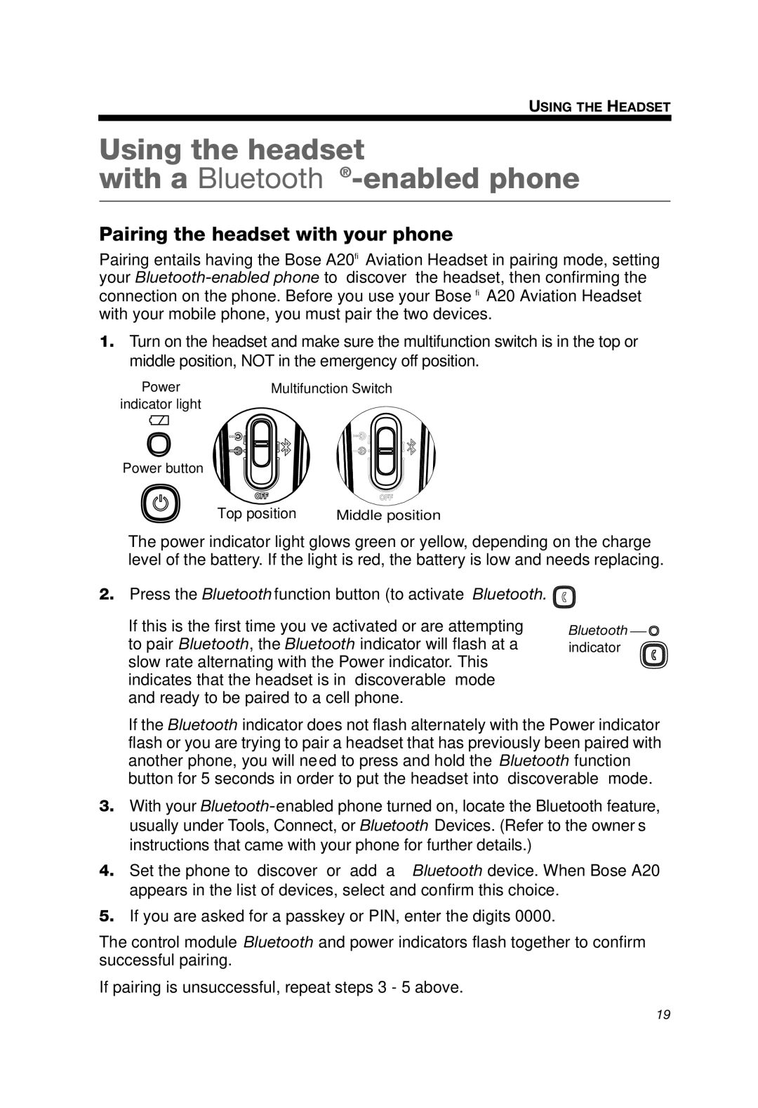 Bose A20 manual Using the headset With a Bluetooth-enabled phone, Pairing the headset with your phone 