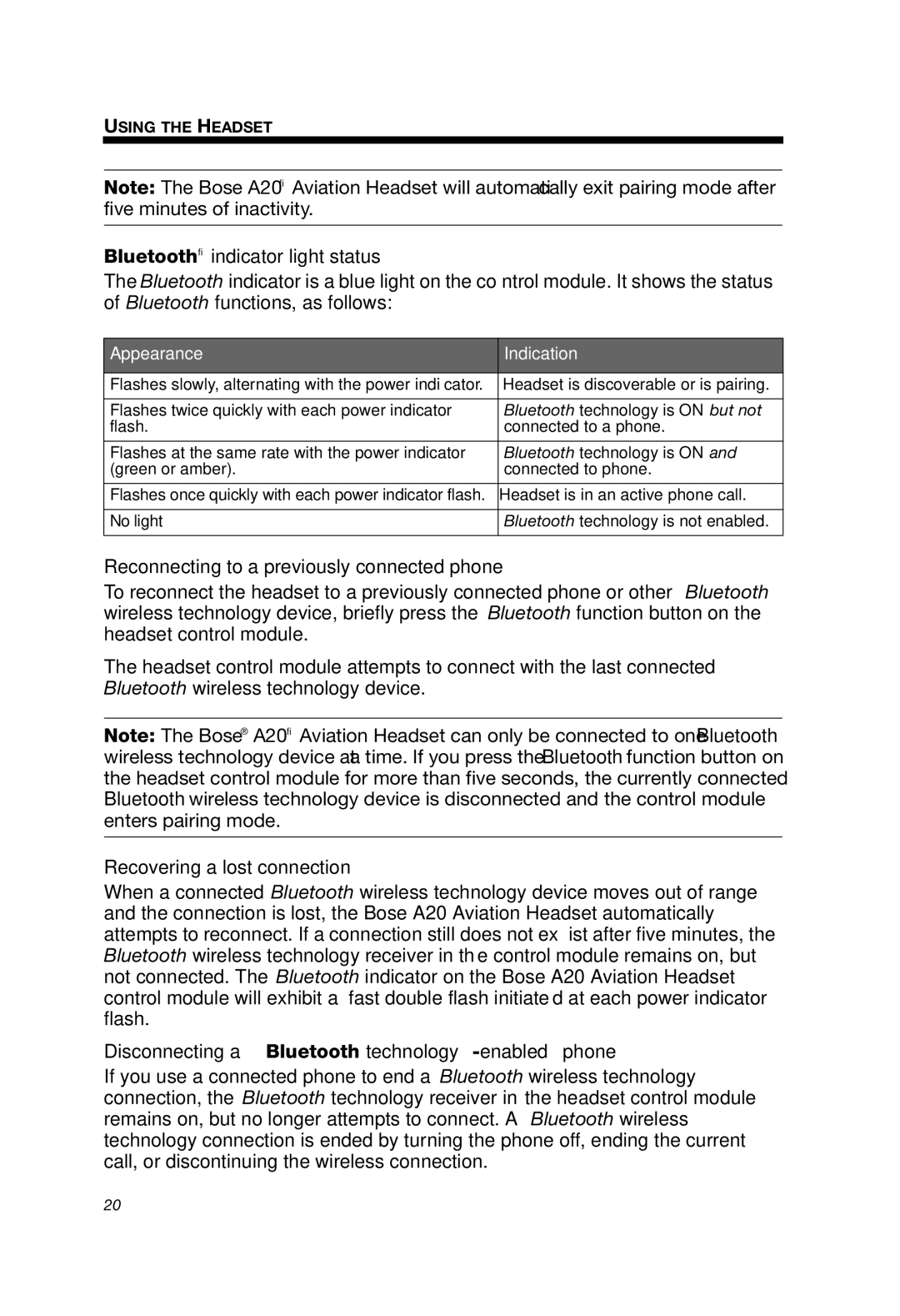 Bose A20 Bluetooth indicator light status, Reconnecting to a previously connected phone, Recovering a lost connection 