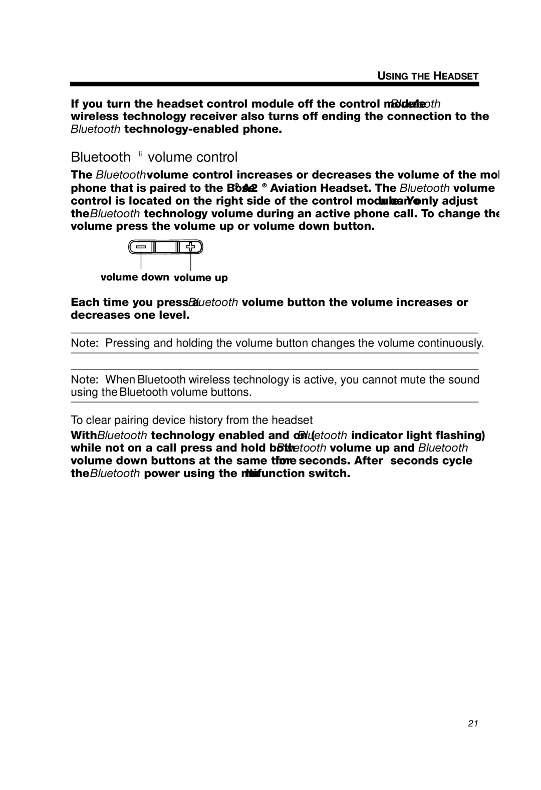 Bose A20 manual Bluetooth volume control, To clear pairing device history from the headset 