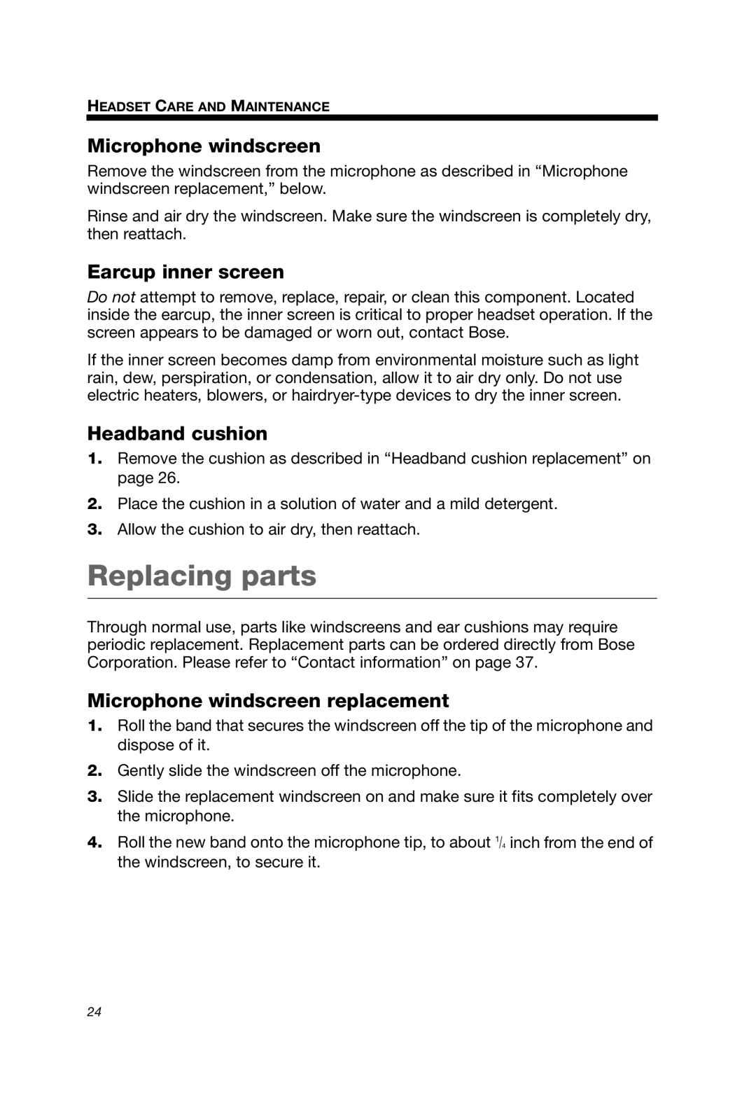 Bose A20 manual Replacing parts, Headband cushion, Microphone windscreen replacement 