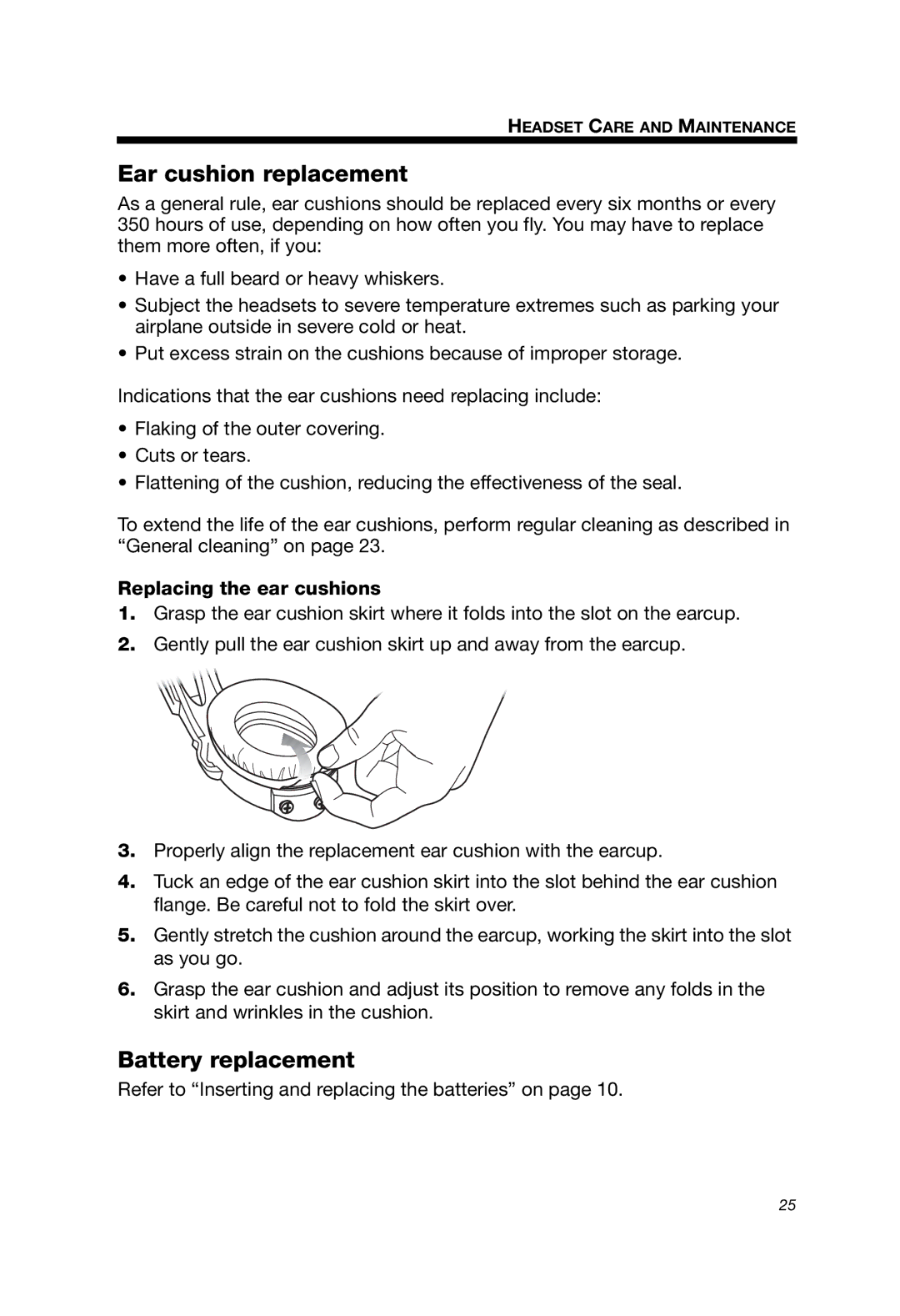 Bose A20 manual Ear cushion replacement, Battery replacement, Replacing the ear cushions 