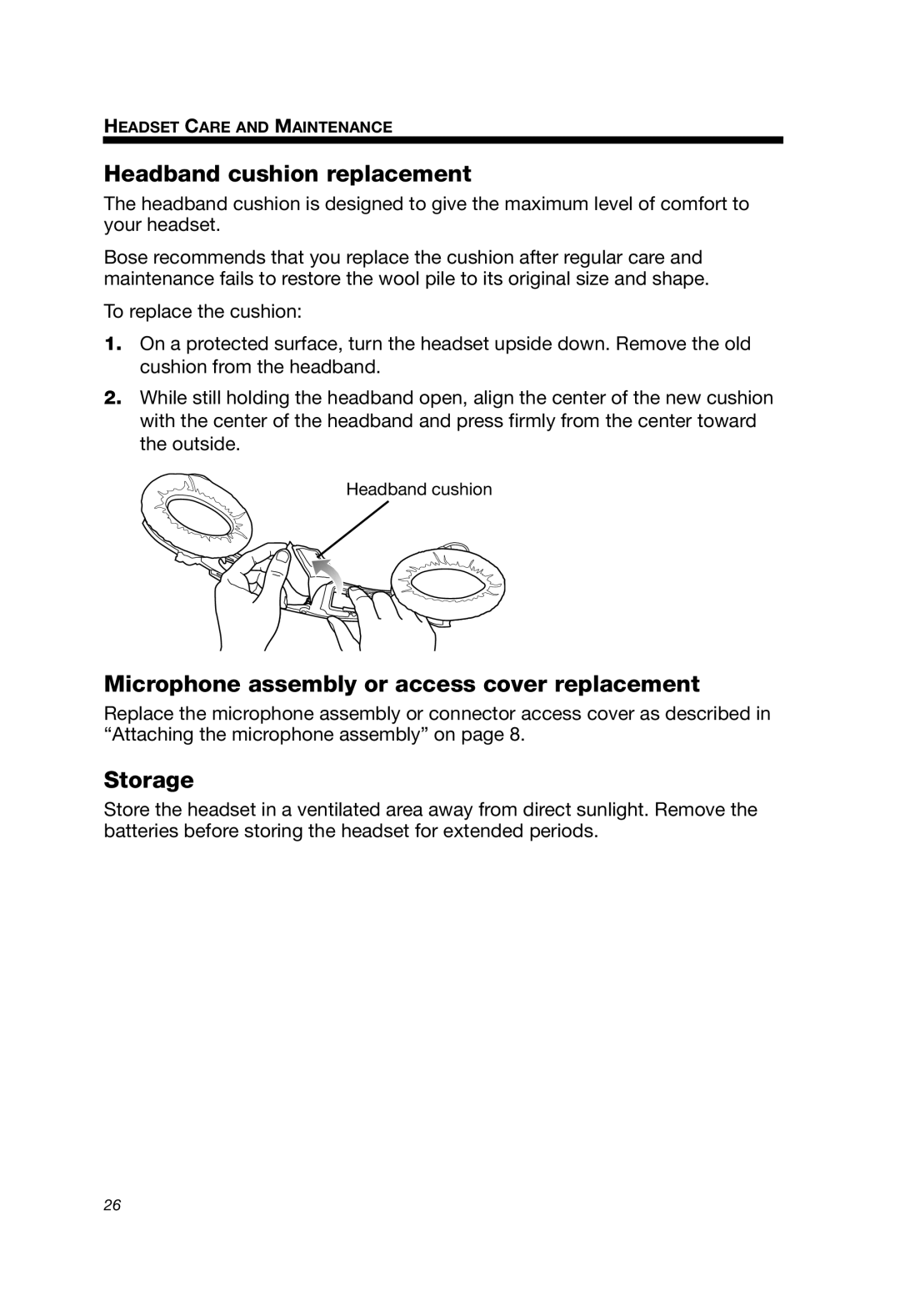 Bose A20 manual Headband cushion replacement, Microphone assembly or access cover replacement, Storage 