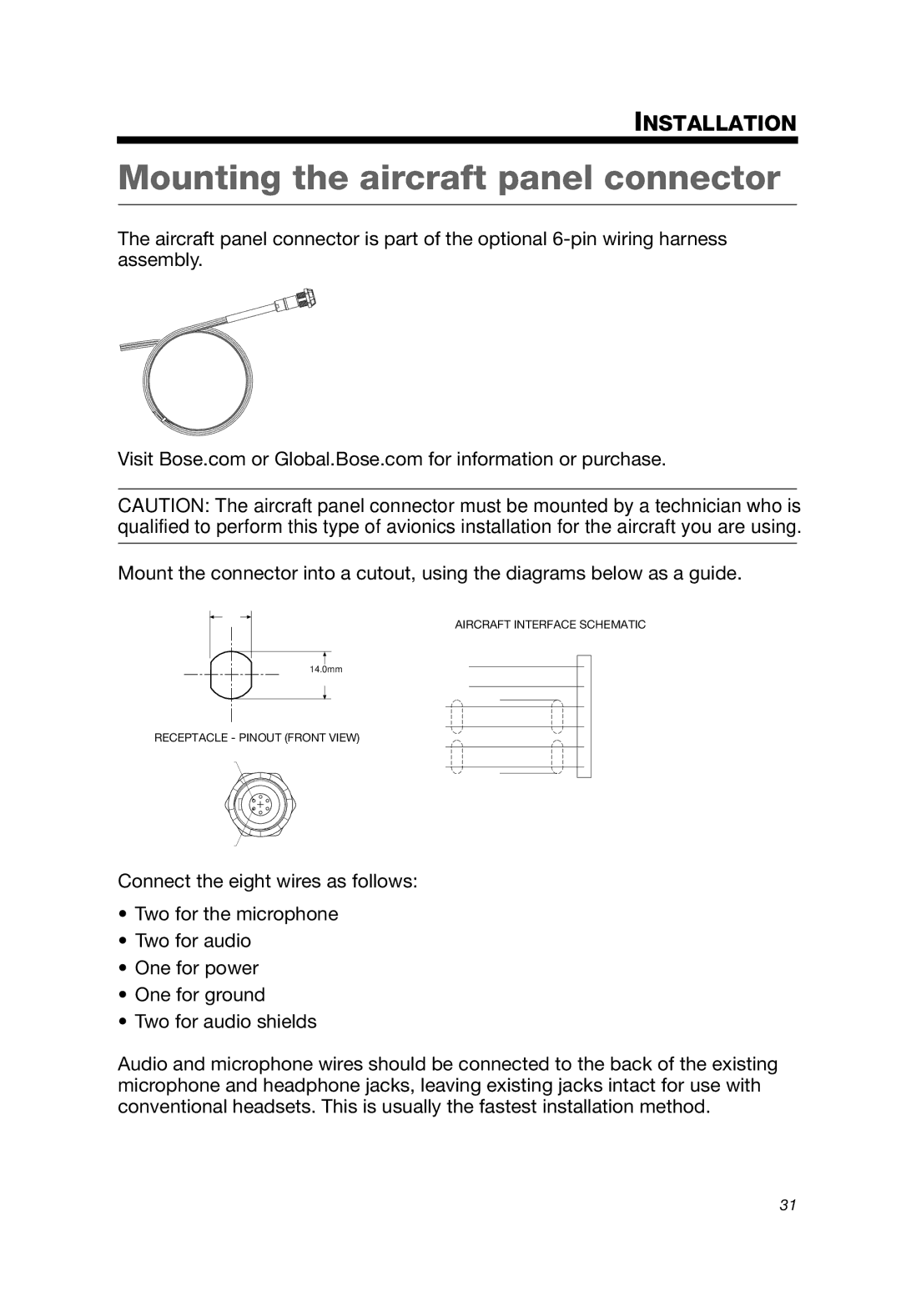 Bose A20 manual Mounting the aircraft panel connector 